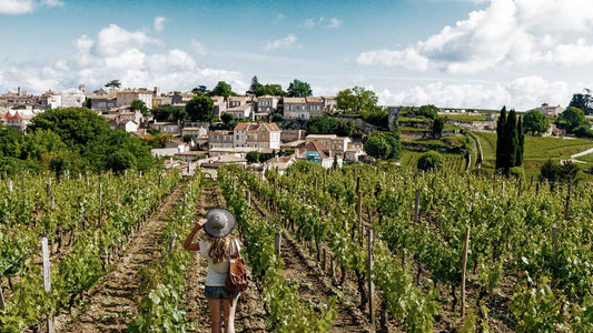 Eine Frau steht in einem Weinberg umgeben von Weinreben und schaut auf ein Dorf in Libournais
