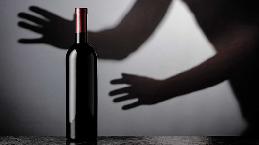 Eine Weinflasche steht im Vordergrund, dahinter ist ein Schatten mit zwei Händen zu sehen, die die Flasche stehlen wollen