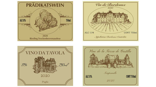 Verschiedene Weinetiketten von Wein mit unterschiedlichen Qualitätsstufen