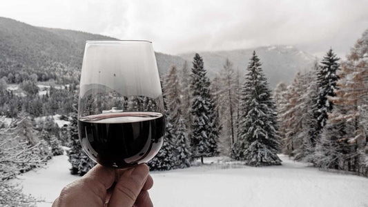Ein Weinglas mit Rotwein darin wird in einer Hand gehalten, im Hintergrund eine Schnee bedeckte Landschaft mit Tannenbäumen im Winter