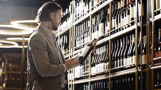 Ein Mann prüft das Etikett einer Weinflasche, um eine Weinfälschung zu erkennen