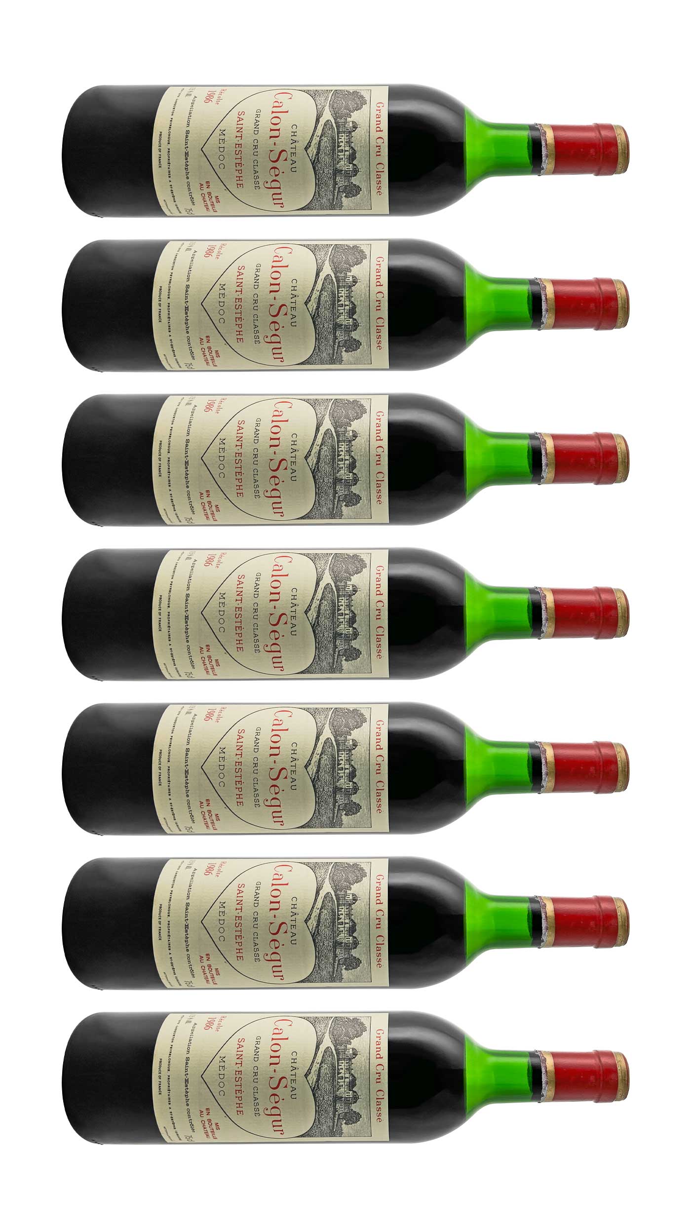 Mehrere Weinflaschen mit Rotwein von Chateau Calon Segur