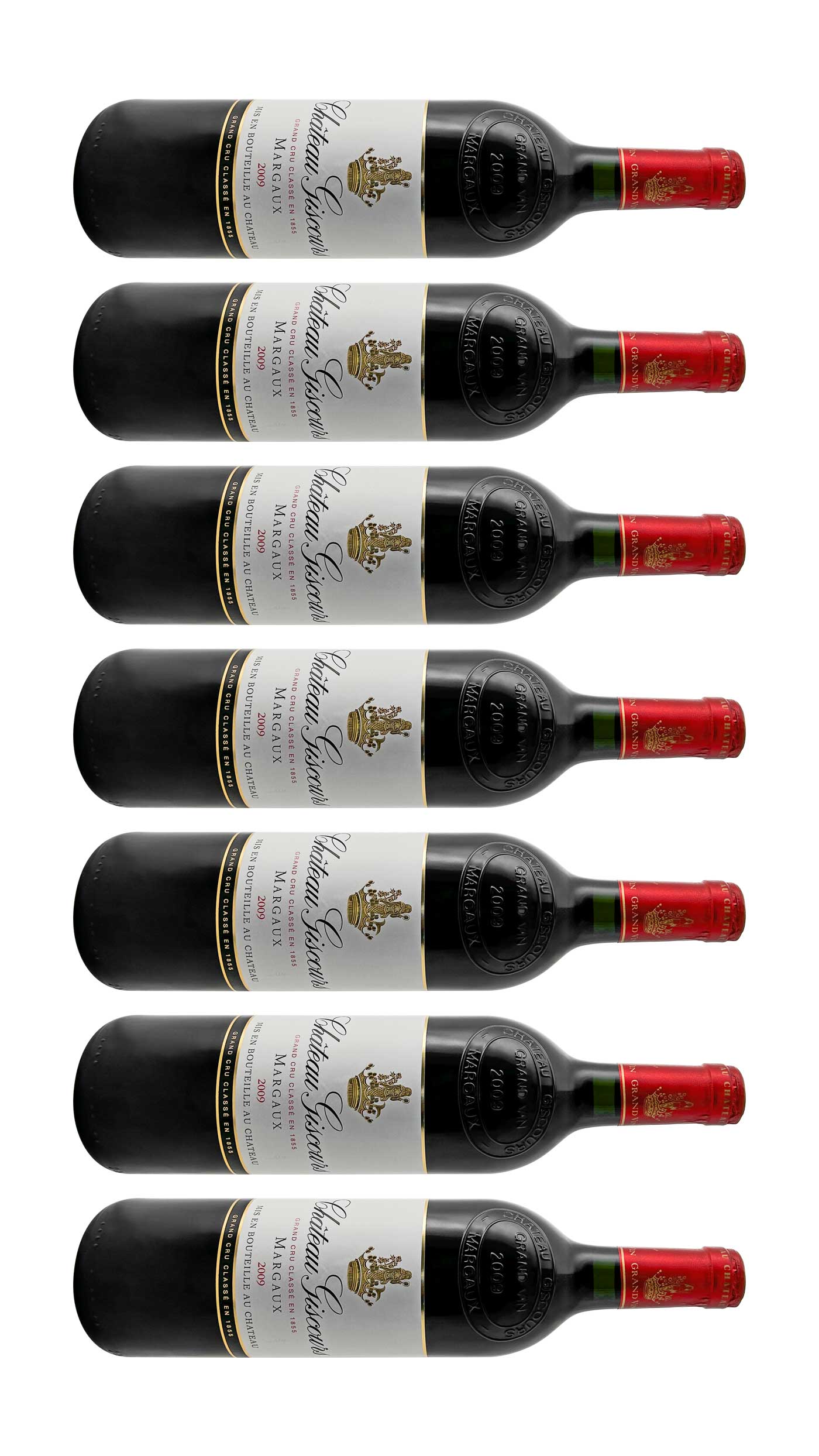 Mehrere Weinflaschen mit Rotwein von Chateau Giscours