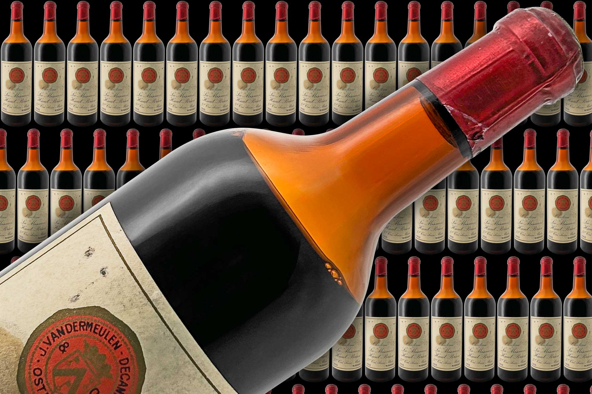 Der Banner zeigt viele Weinflaschen im Hintergrund und im Vordergrund eine Flasche Rotwein von dem Weingut Chateau la Mission Haut-Brion.