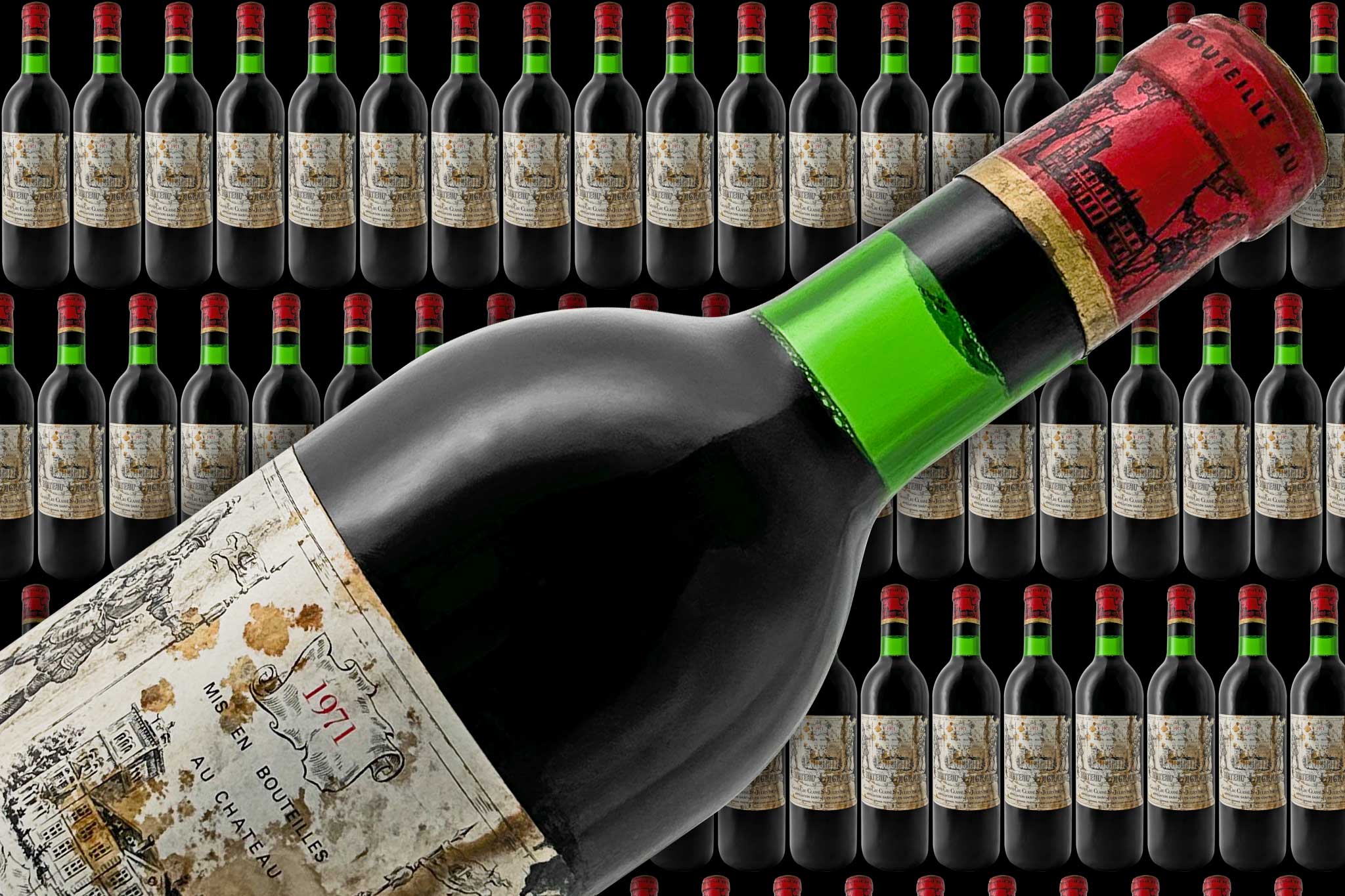 Der Banner zeigt viele Weinflaschen im Hintergrund und im Vordergrund eine Flasche Rotwein von dem Weingut Chateau Lagrange.