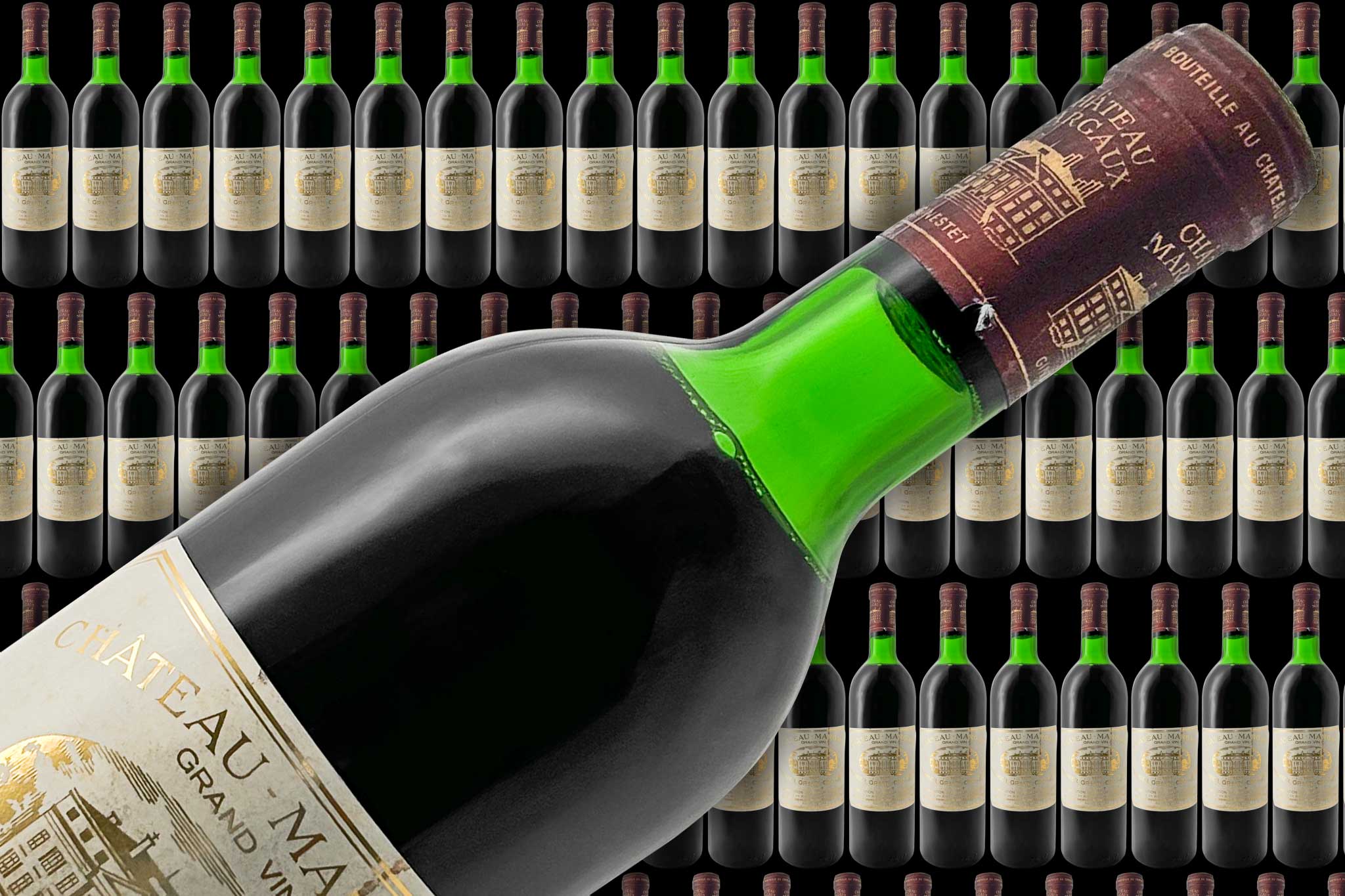 Der Banner zeigt viele Weinflaschen im Hintergrund und im Vordergrund eine Flasche Rotwein von dem Weingut Chateau Margaux.