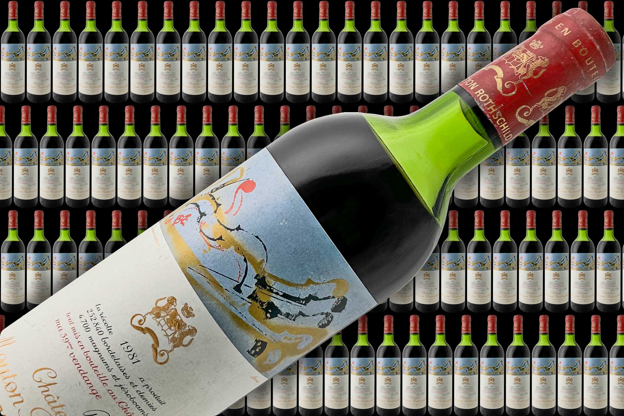 Der Banner zeigt viele Weinflaschen im Hintergrund und im Vordergrund eine Flasche Rotwein von dem Weingut Chateau Mouton Rothschild.