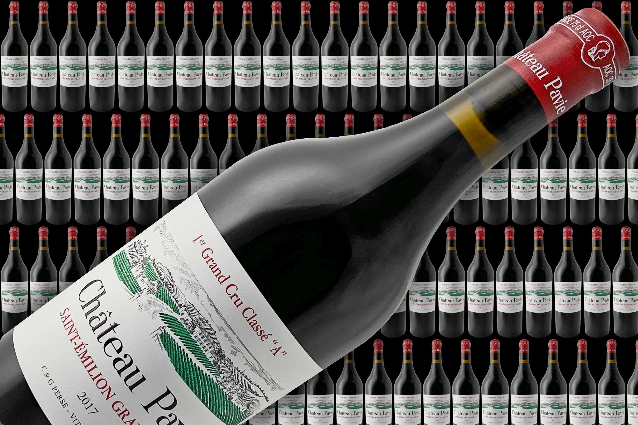Der Banner zeigt viele Weinflaschen im Hintergrund und im Vordergrund eine Flasche Rotwein von dem Weingut Chateau Pavie.