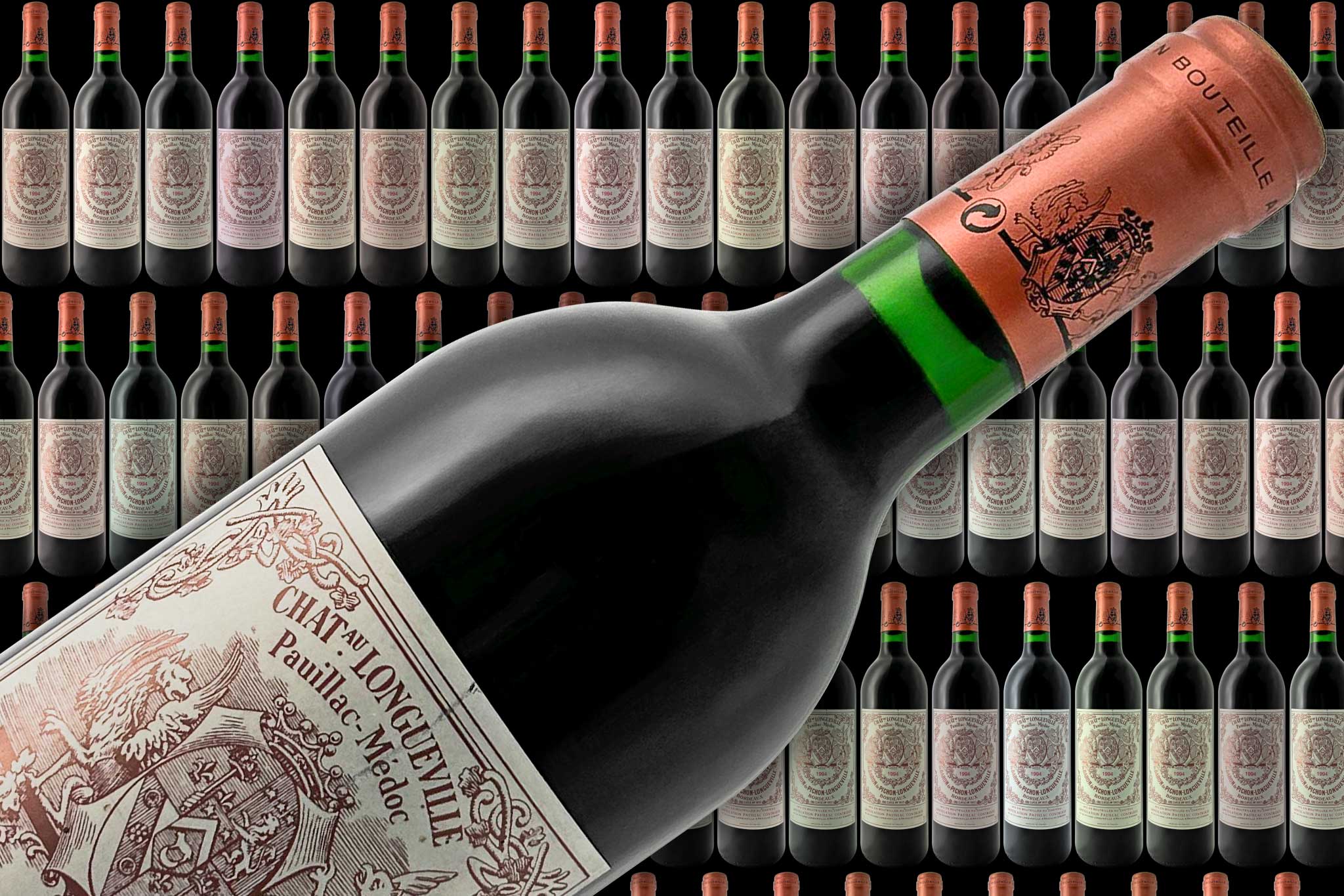 Der Banner zeigt viele Weinflaschen im Hintergrund und im Vordergrund eine Flasche Rotwein von dem Weingut Chateau Pichon Baron au Baron de Pichon-Longueville.