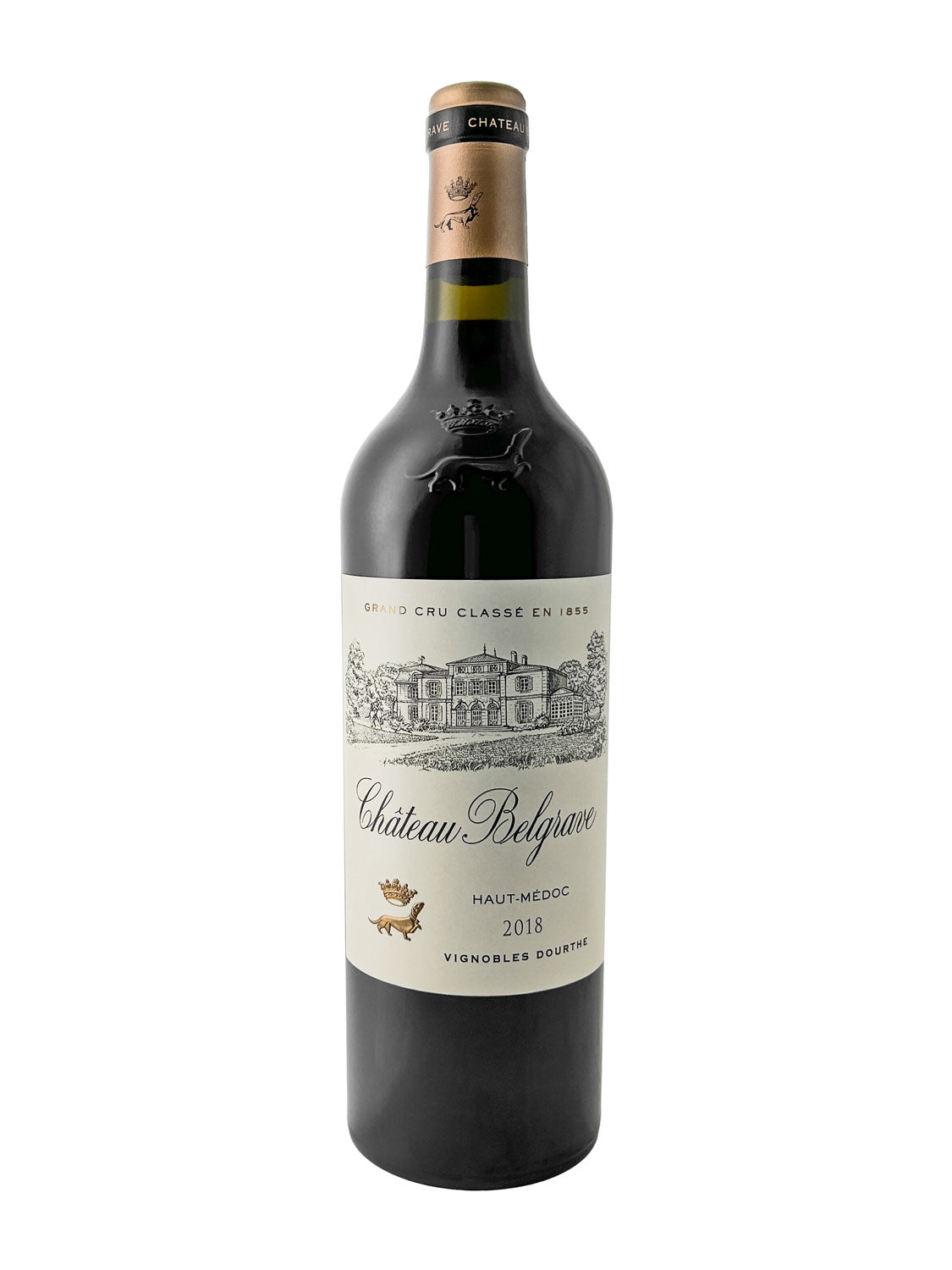 Eine Weinflasche von Chateau Belgrave 2018