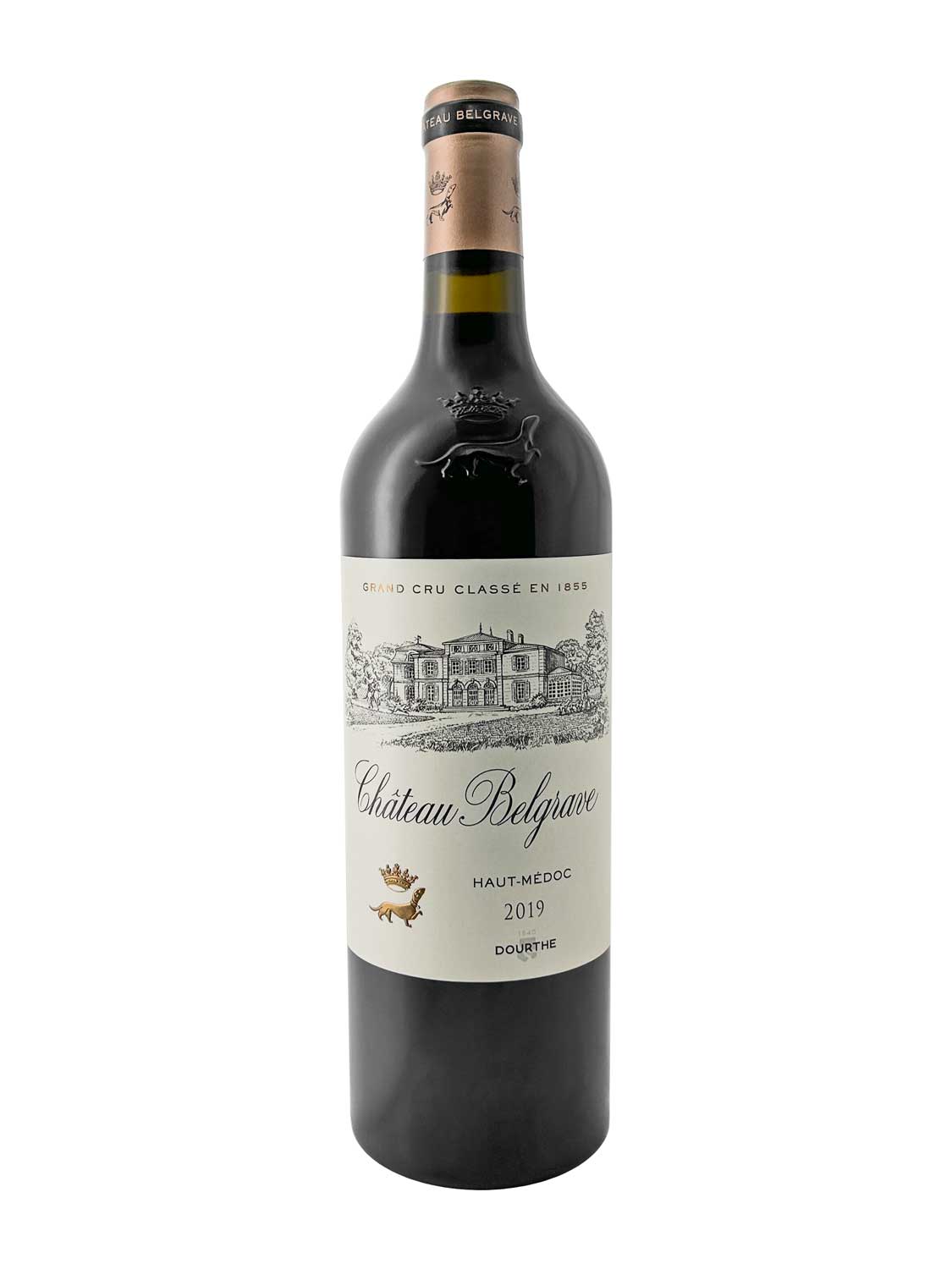 Eine Weinflasche von Chateau Belgrave 2019