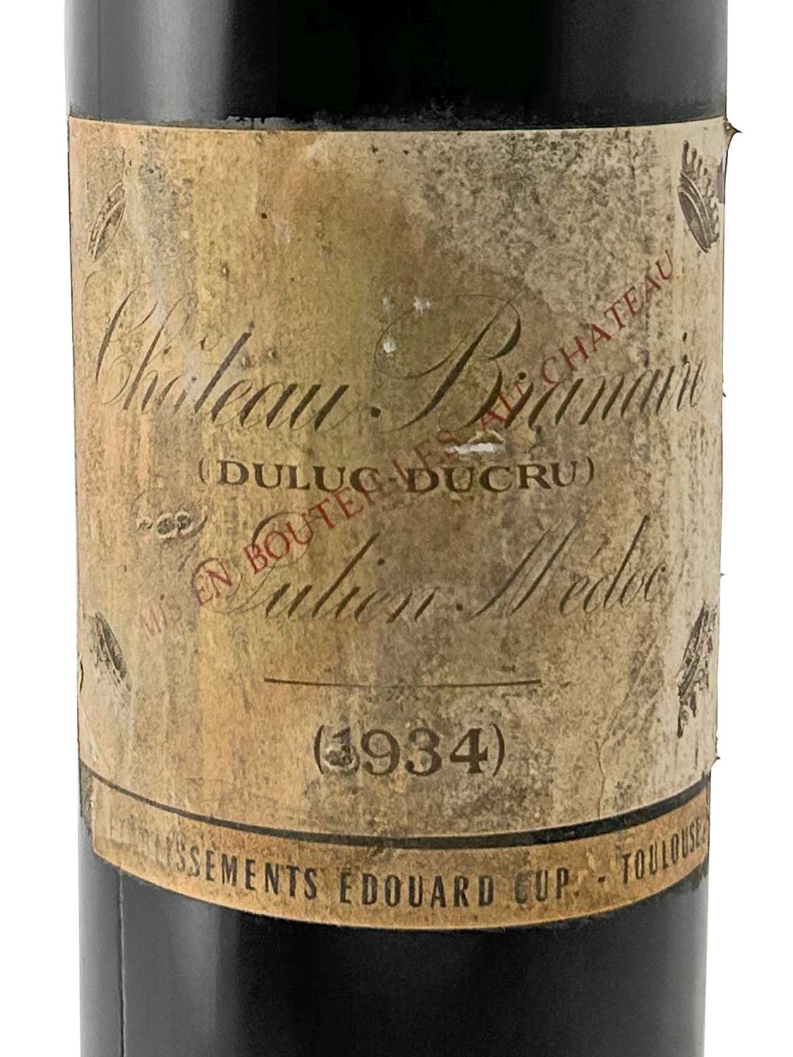 Etikett einer Weinflasche von Chateau Branaire Ducru 1934