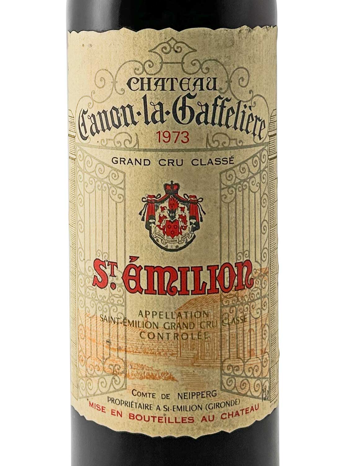 Weinetikett von Château Canon la Gaffelière 1973 mit Wappen, Schriftzug 'St. Émilion' und Angaben zur Appellation und Abfüllung im Château.