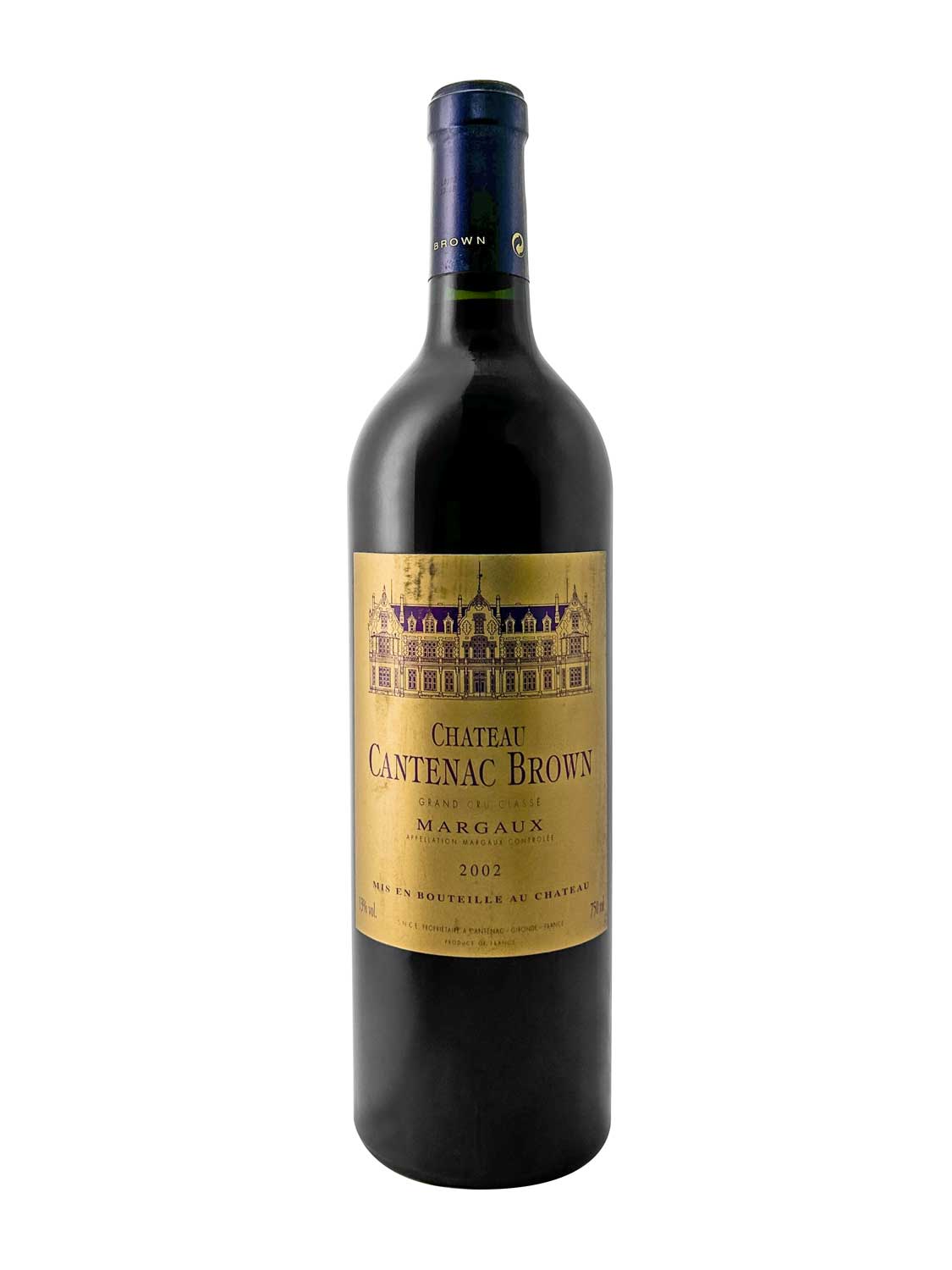 Dunkelgrüne Weinflasche mit goldfarbenem Etikett, darauf Schlosszeichnung und Text 'CHATEAU CANTENAC BROWN GRAND MARGAUX 2002'.