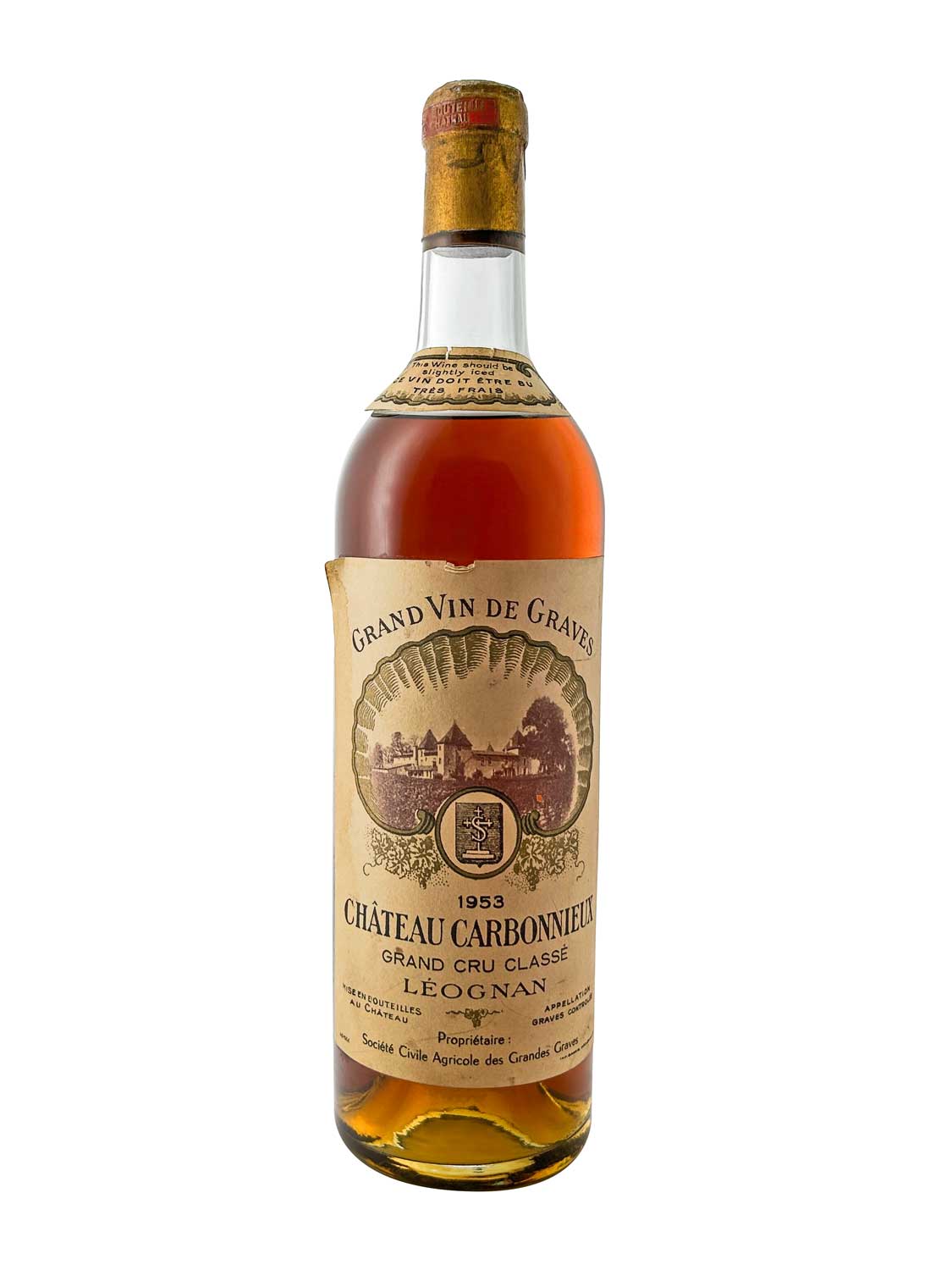 Eine Weinflasche von Chateau Carbonnieux 1953