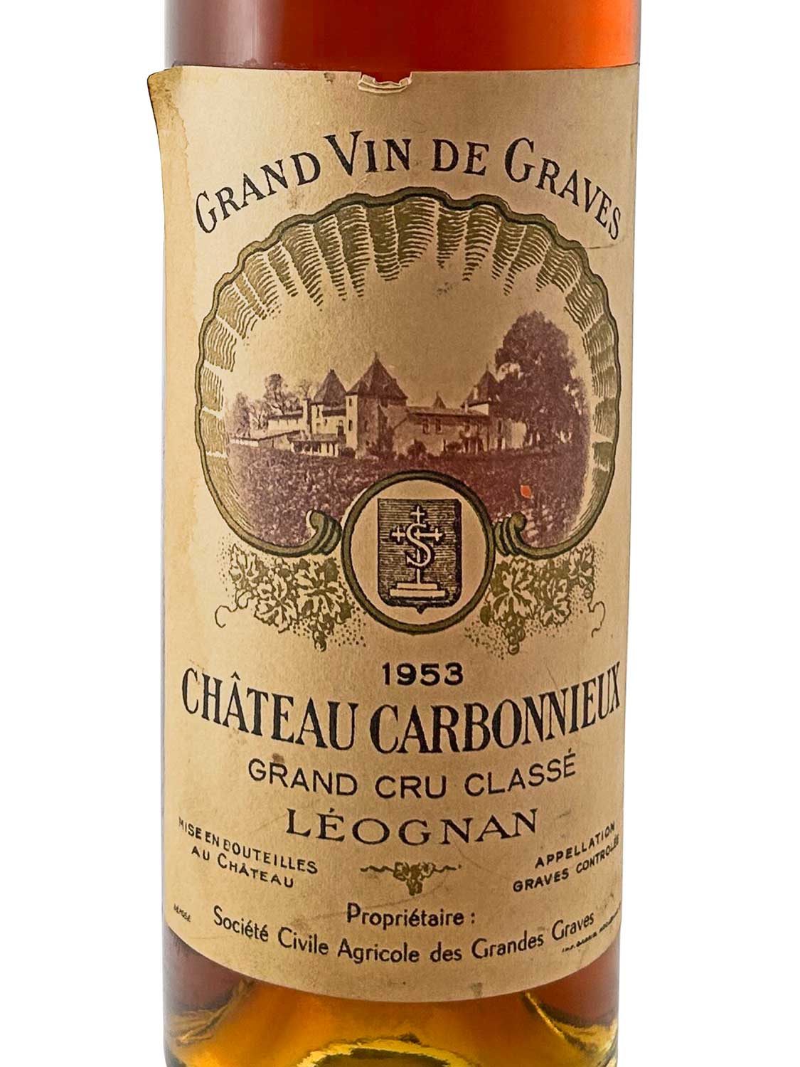 Etikett einer Weinflasche von Chateau Carbonnieux 1953