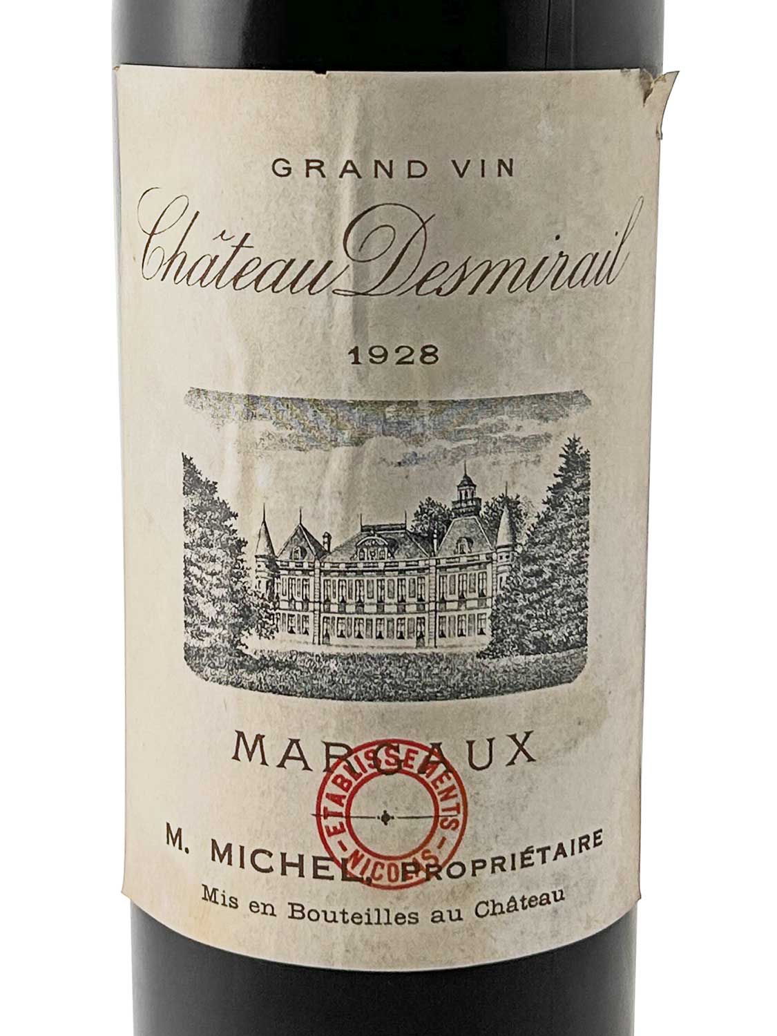 Etikett einer Weinflasche von Chateau Desmirail 1928