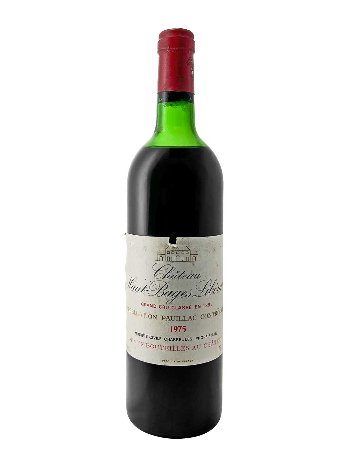 Grüne Weinflasche mit rotem Kapselverschluss, Etikett mit Text 'Château Haut Bages Libéral', Jahrgang 1975, Grand Cru Classé, Pauillac.