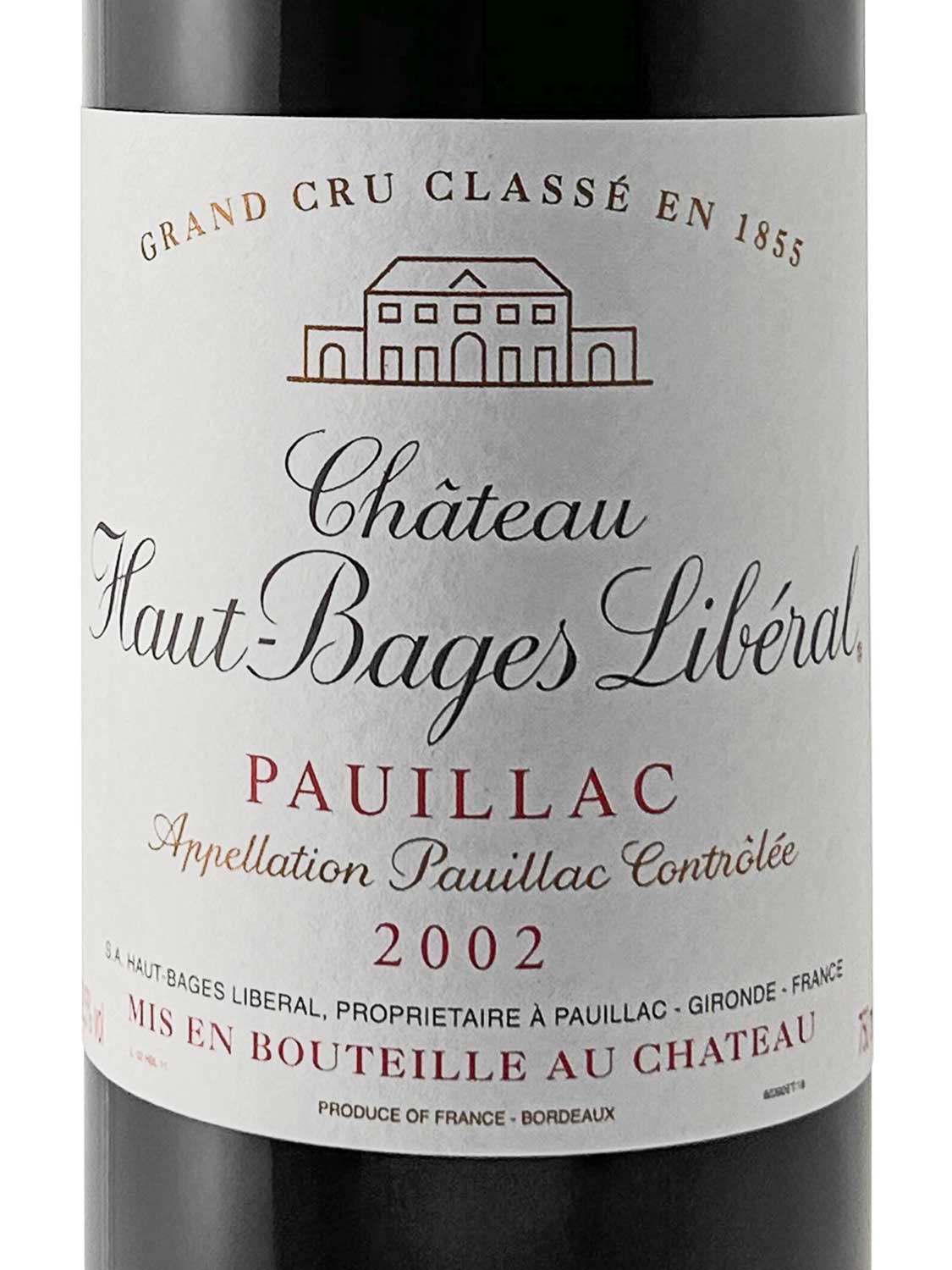 Etikett einer Weinflasche von Chateau Haut Bages Liberal 2002