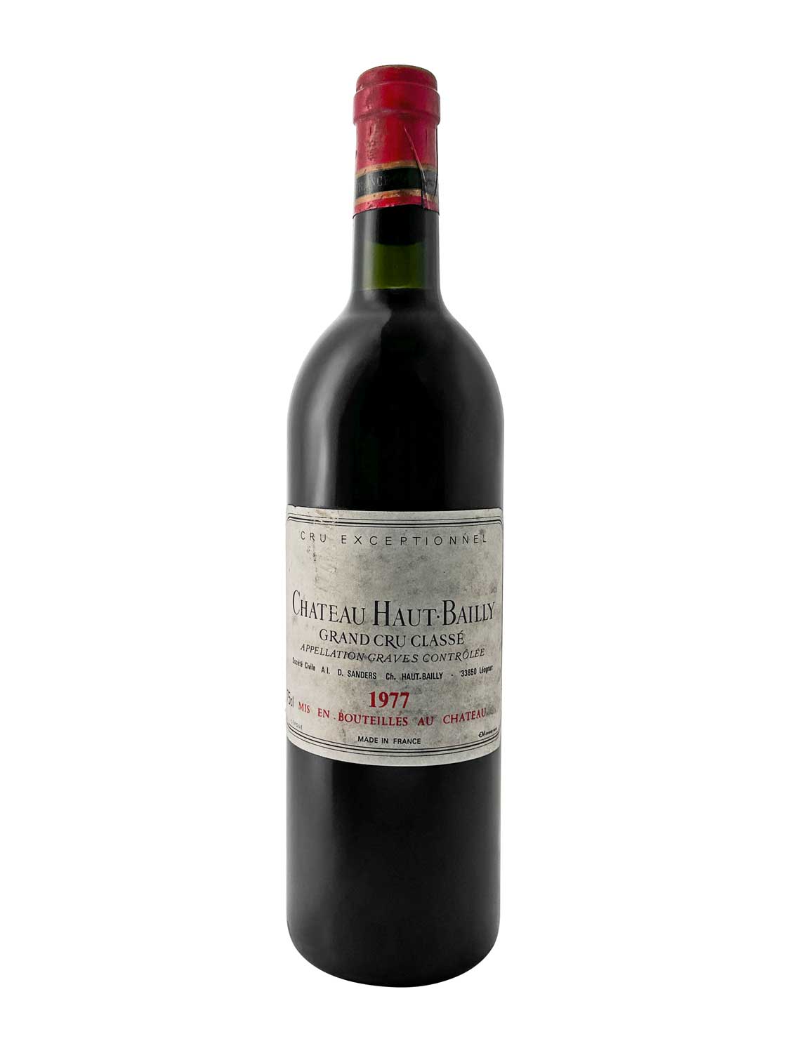 Eine Weinflasche von Chateau Haut Bailly 1977