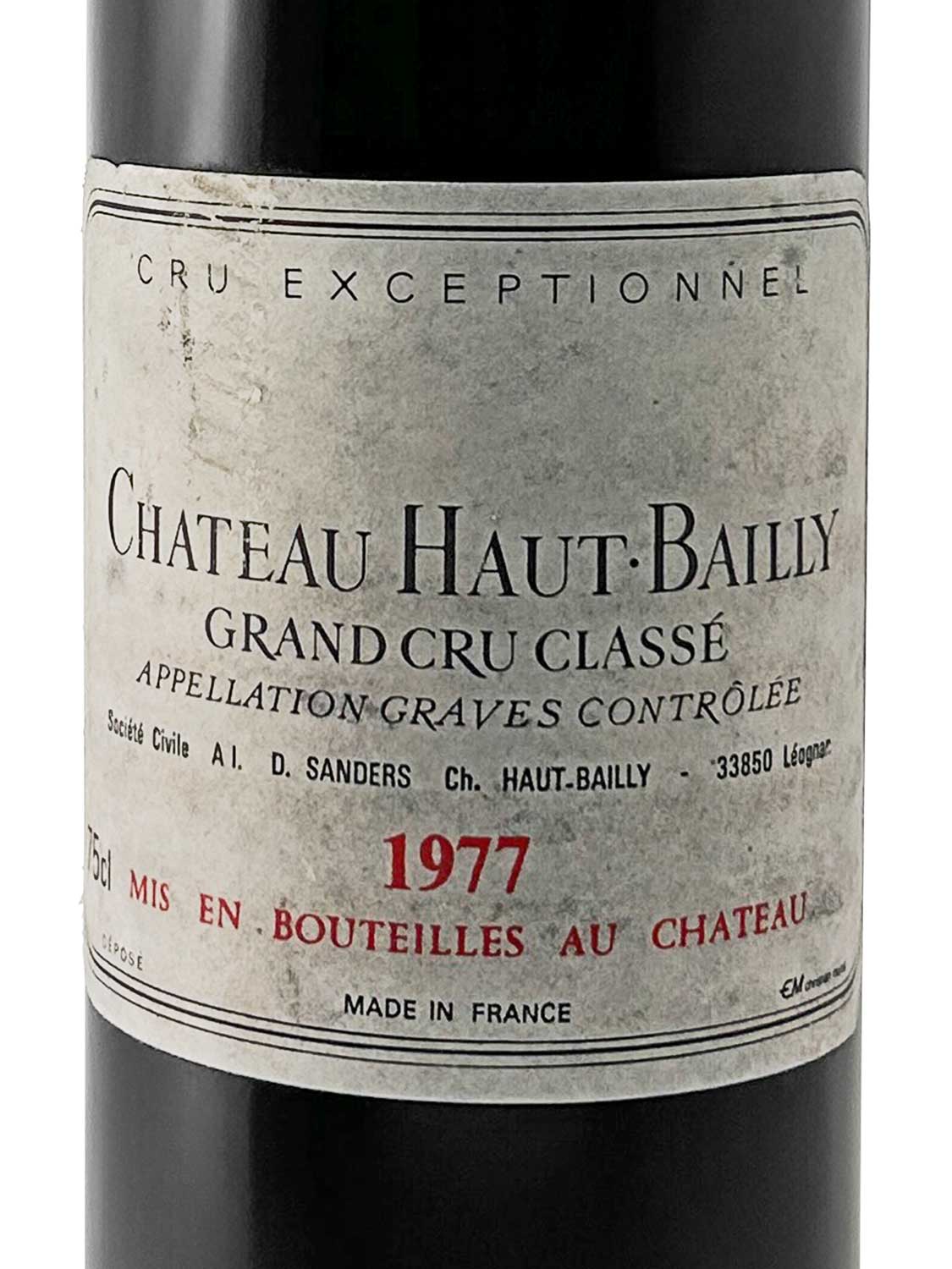 Etikett einer Weinflasche von Chateau Haut Bailly 1977