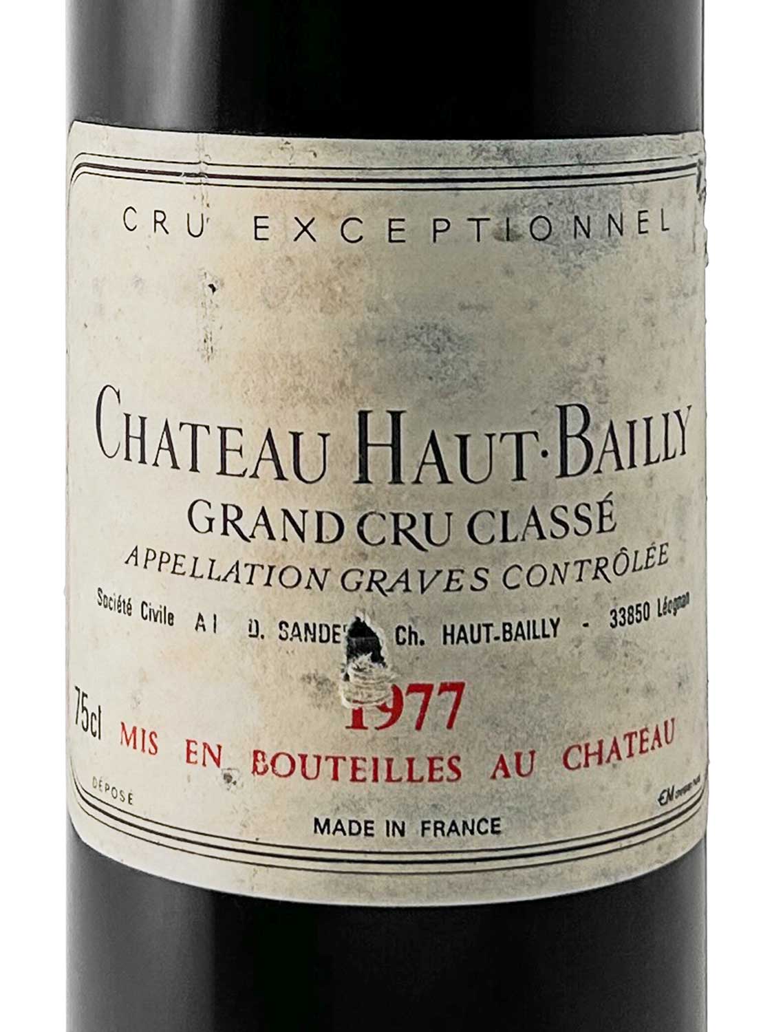 Etikett einer Weinflasche von Chateau Haut Bailly 1977
