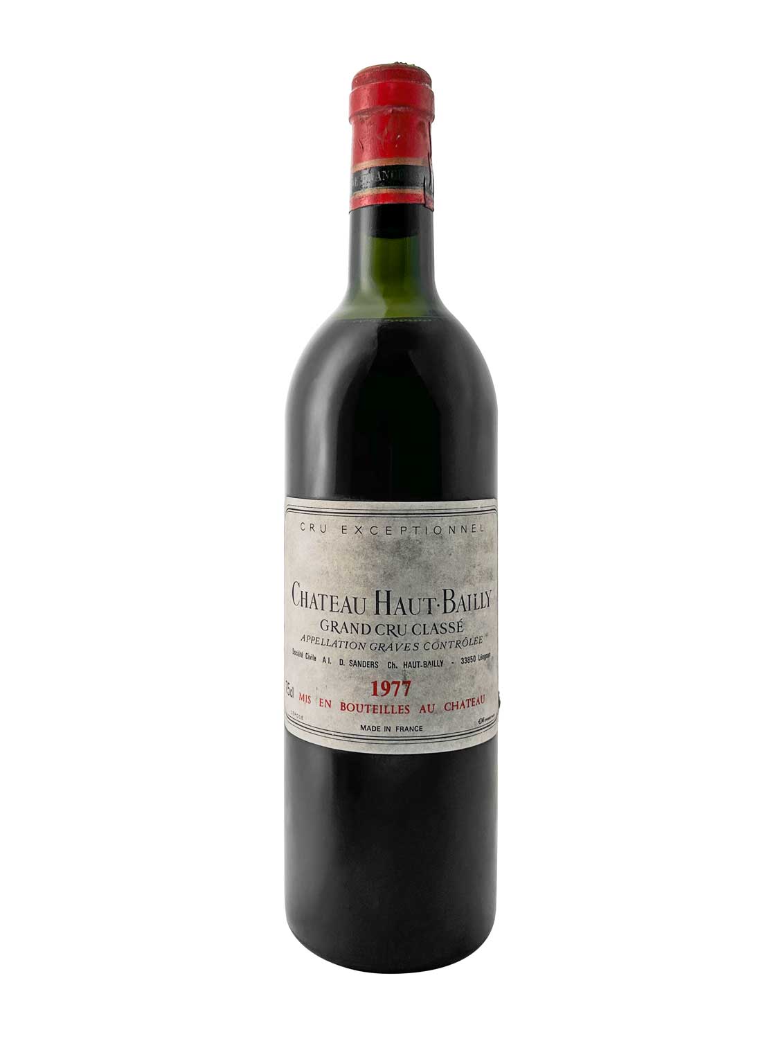 Eine Weinflasche von Chateau Haut Bailly 1977