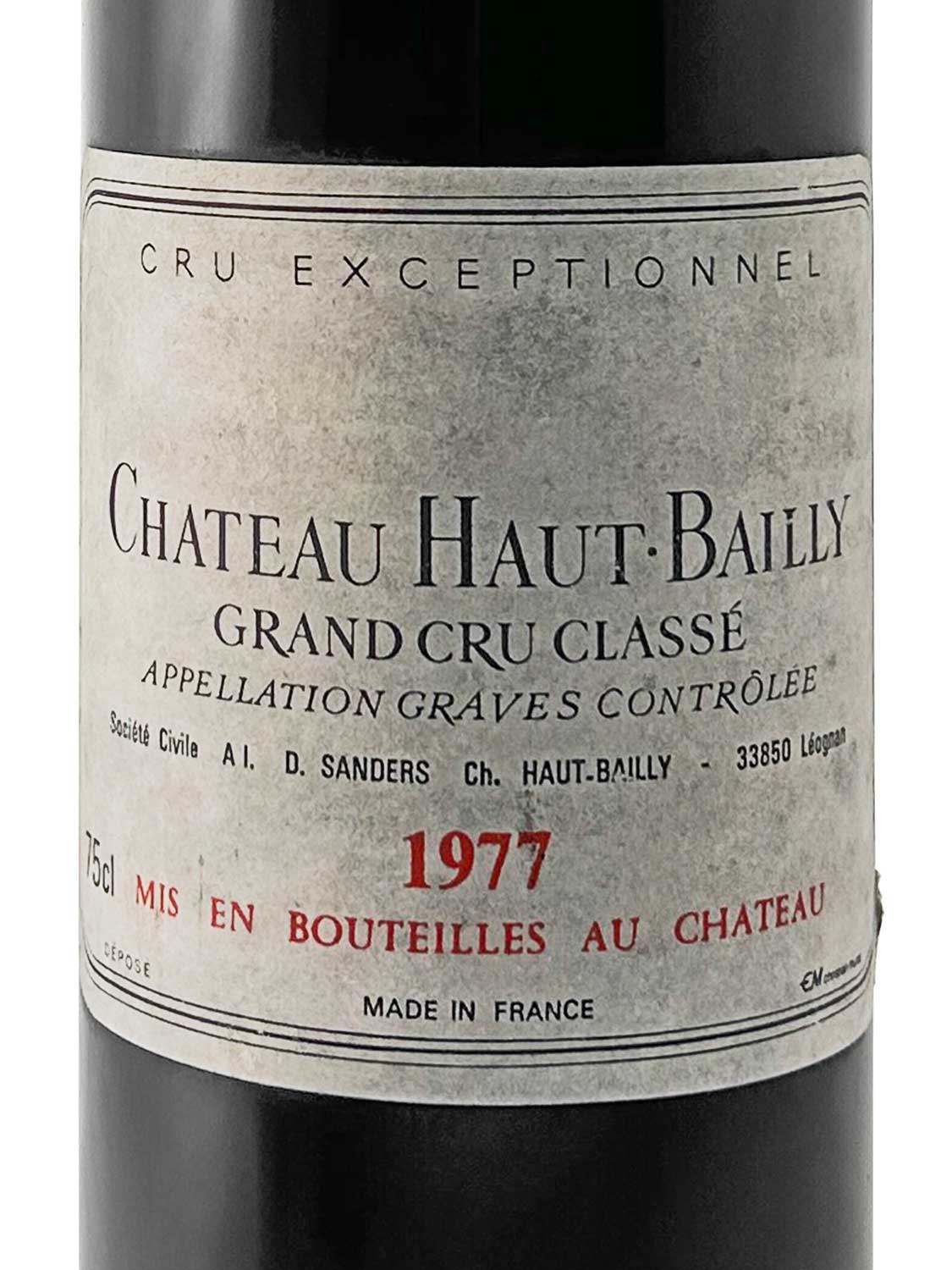 Etikett einer Weinflasche von Chateau Haut Bailly 1977