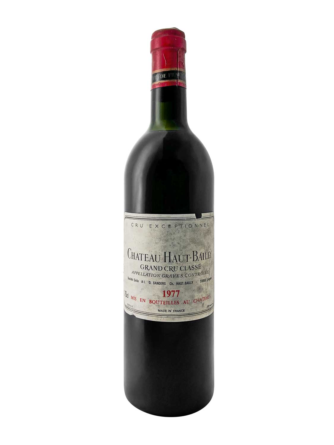 Eine Weinflasche von Chateau Haut Bailly 1977