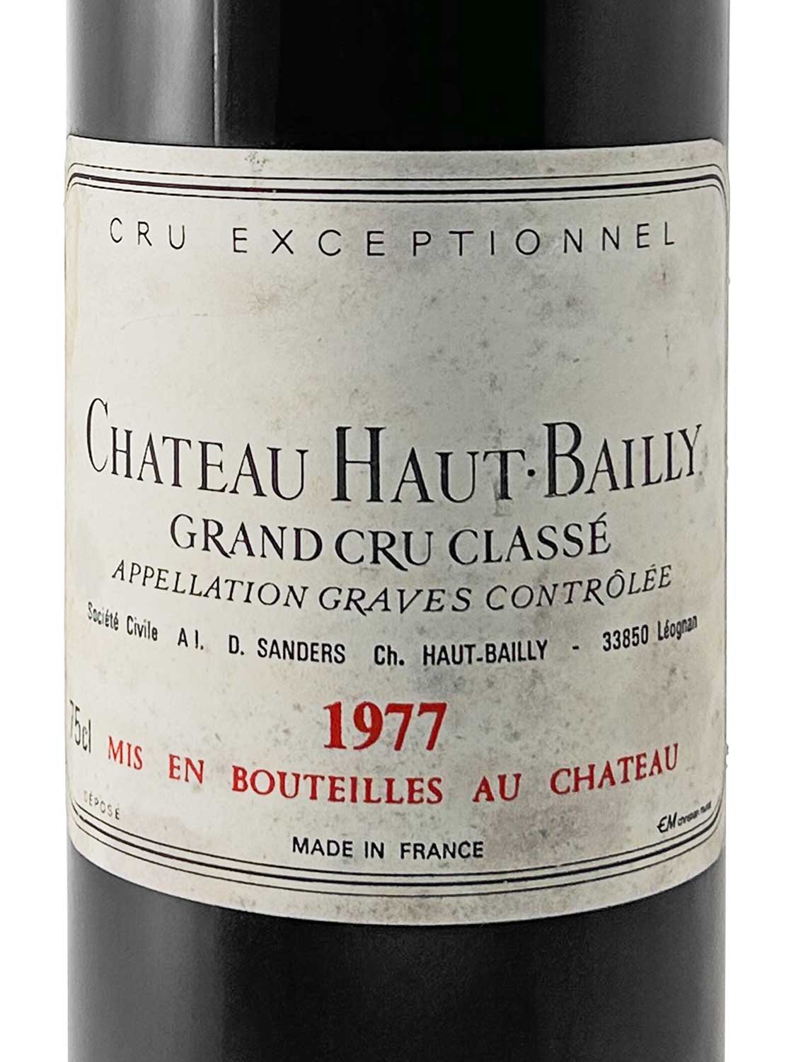 Etikett einer Weinflasche von Chateau Haut Bailly 1977