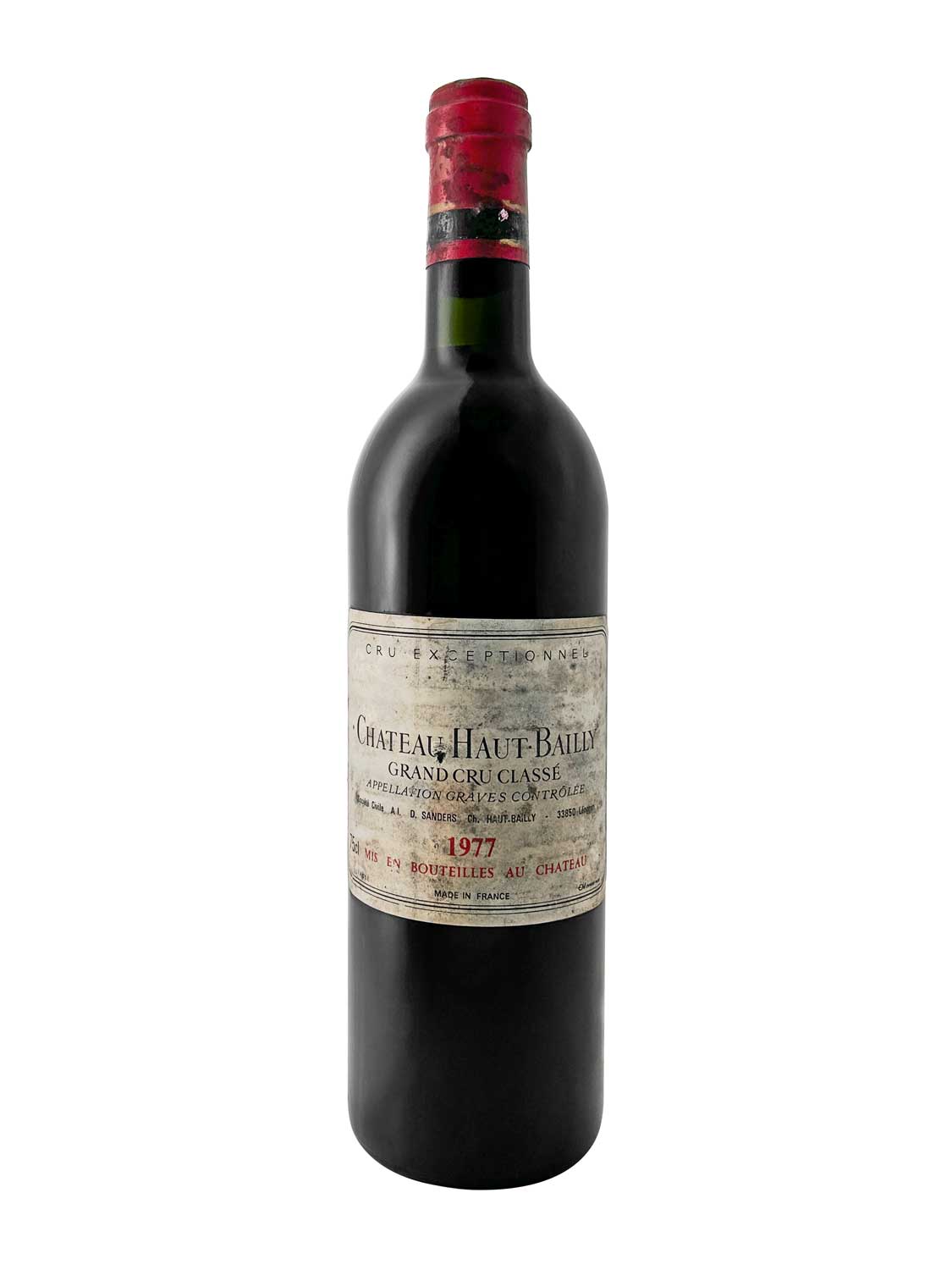 Eine Weinflasche von Chateau Haut Bailly 1977
