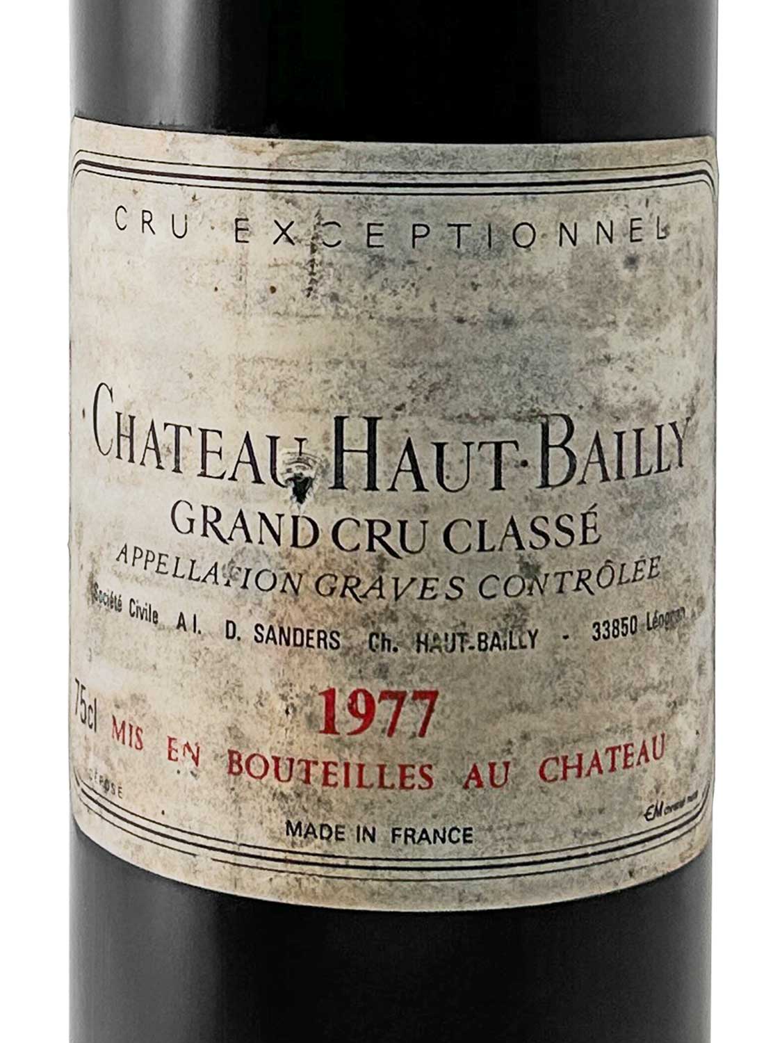 Etikett einer Weinflasche von Chateau Haut Bailly 1977