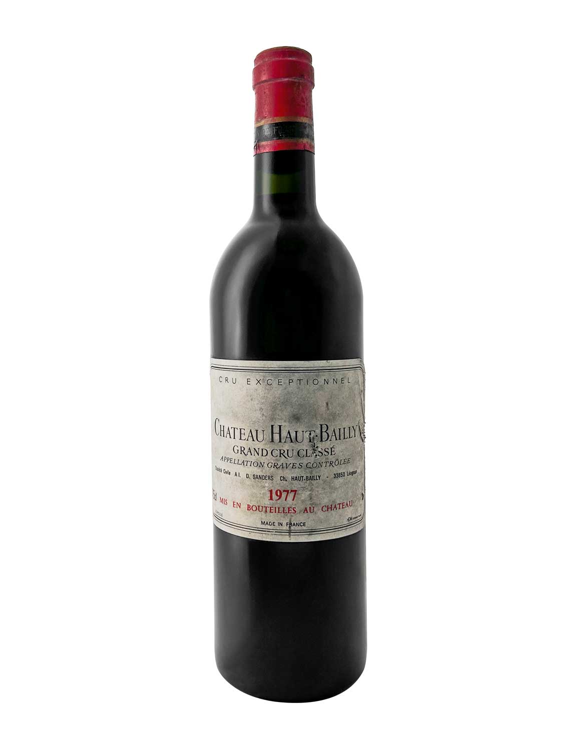 Eine Weinflasche von Chateau Haut Bailly 1977