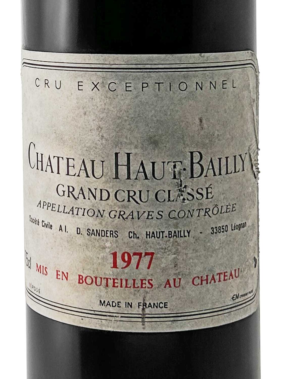 Etikett einer Weinflasche von Chateau Haut Bailly 1977