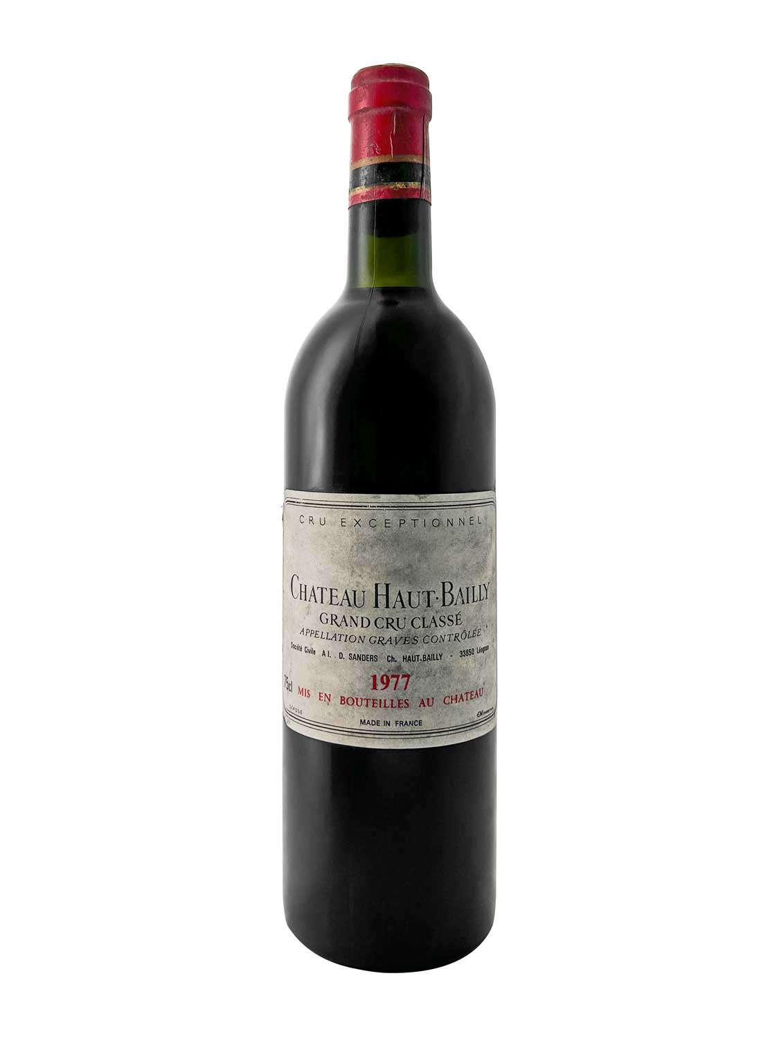 Eine Weinflasche von Chateau Haut Bailly 1977