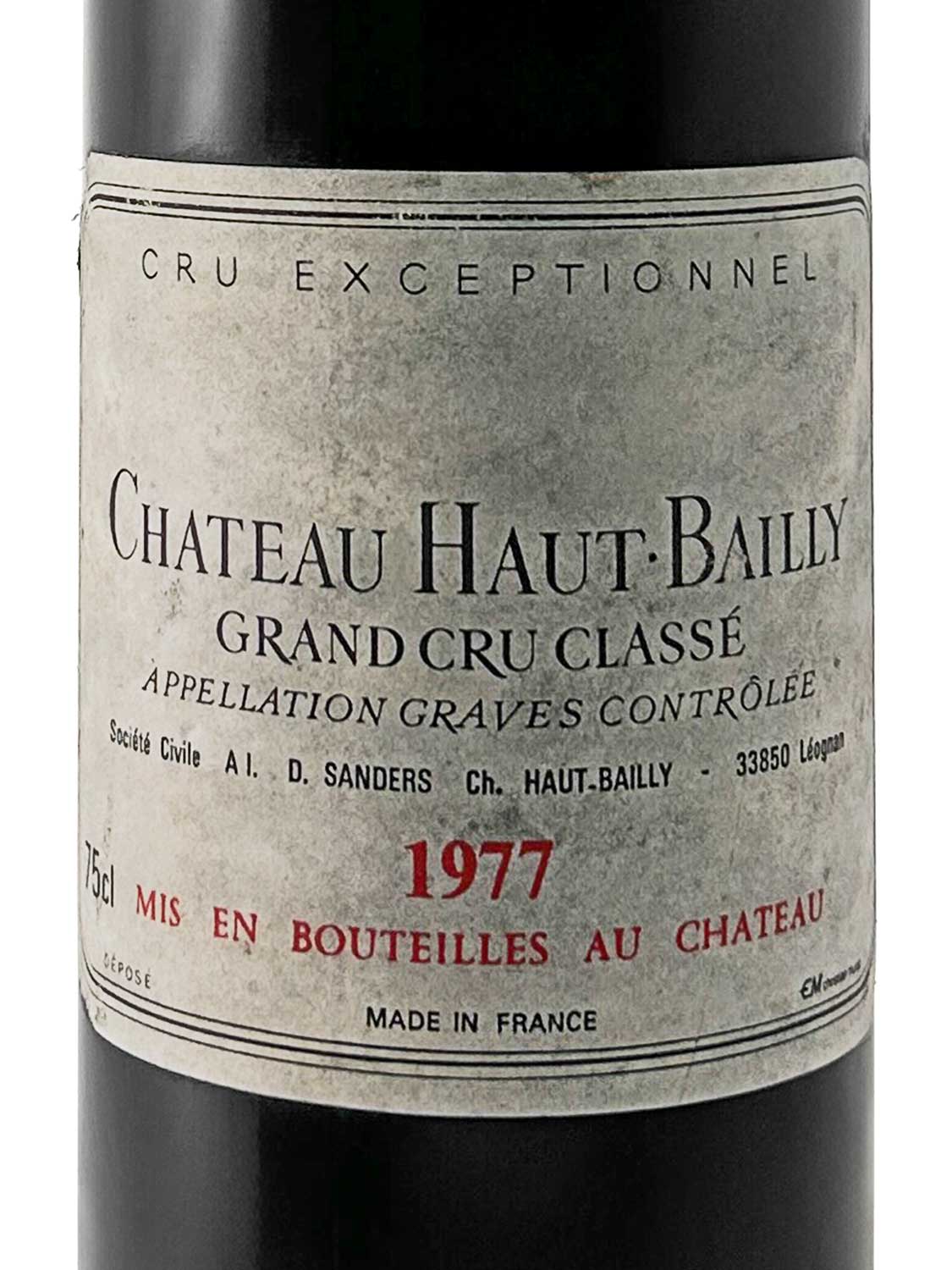 Etikett einer Weinflasche von Chateau Haut Bailly 1977