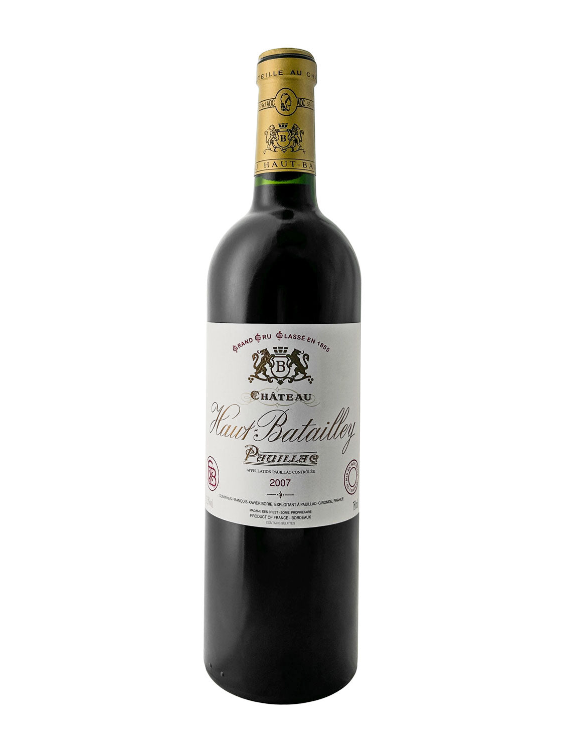 Eine Weinflasche von Chateau Haut Batailley 2007