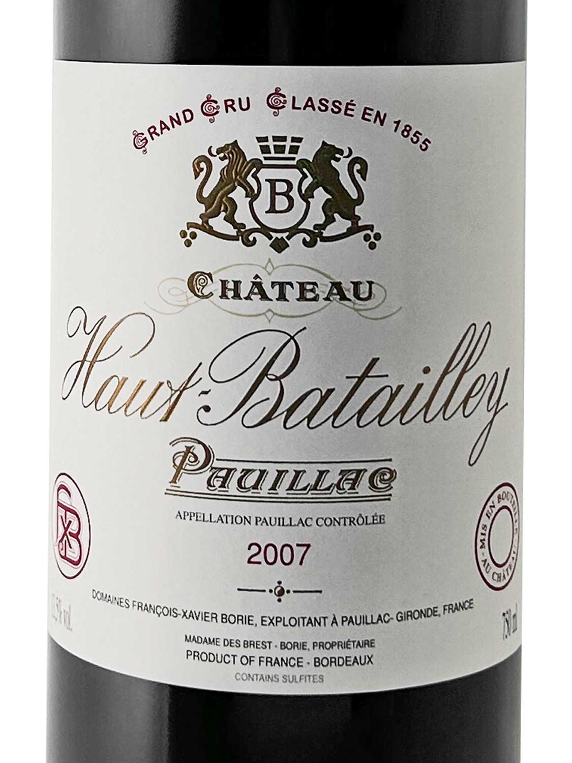 Etikett einer Weinflasche von Chateau Haut Batailley 2007