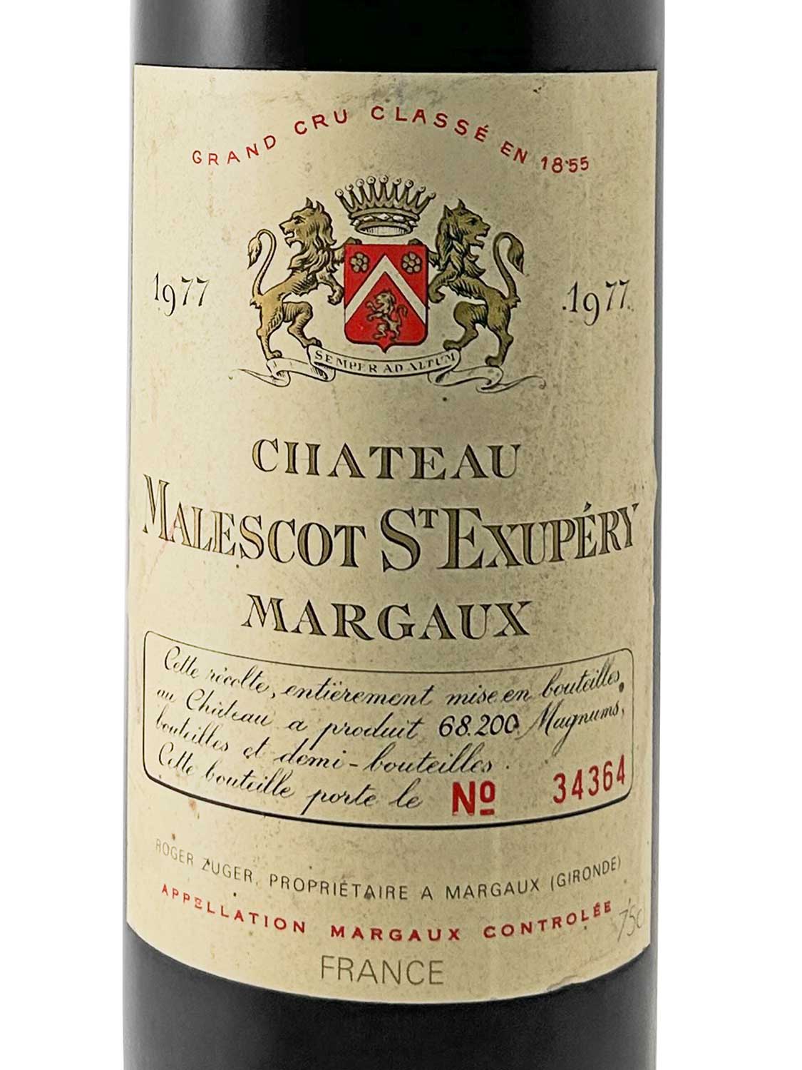 Etikett einer Weinflasche von Chateau Malescot St. Exupery 1977