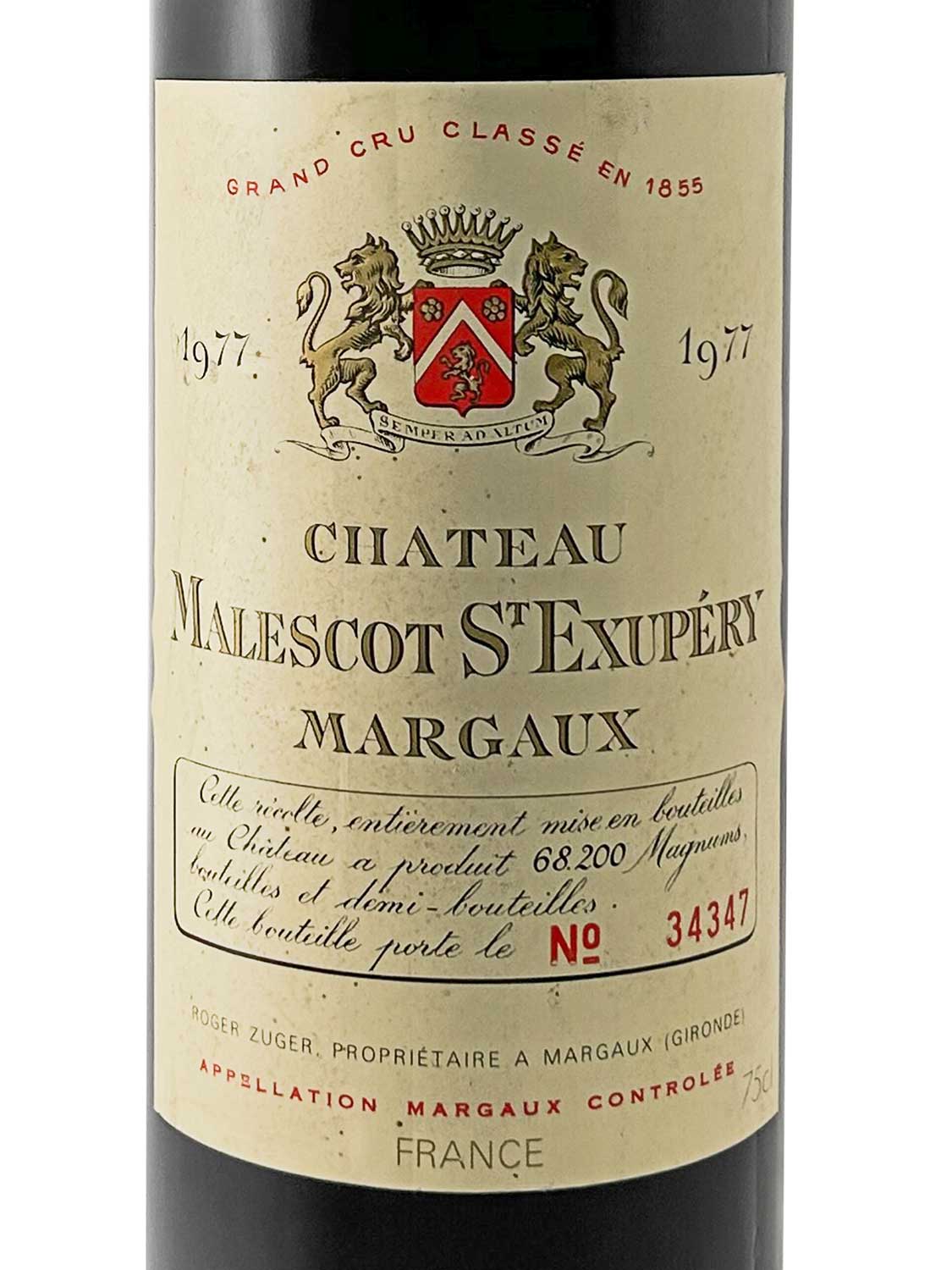 Etikett einer Weinflasche von Chateau Malescot St. Exupery 1977