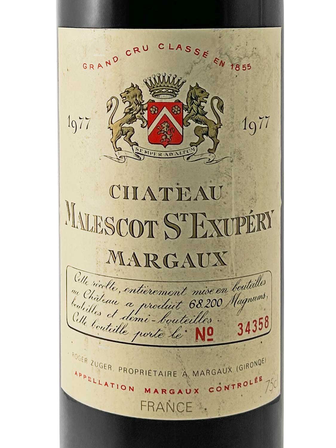 Etikett einer Weinflasche von Chateau Malescot St. Exupery 1977