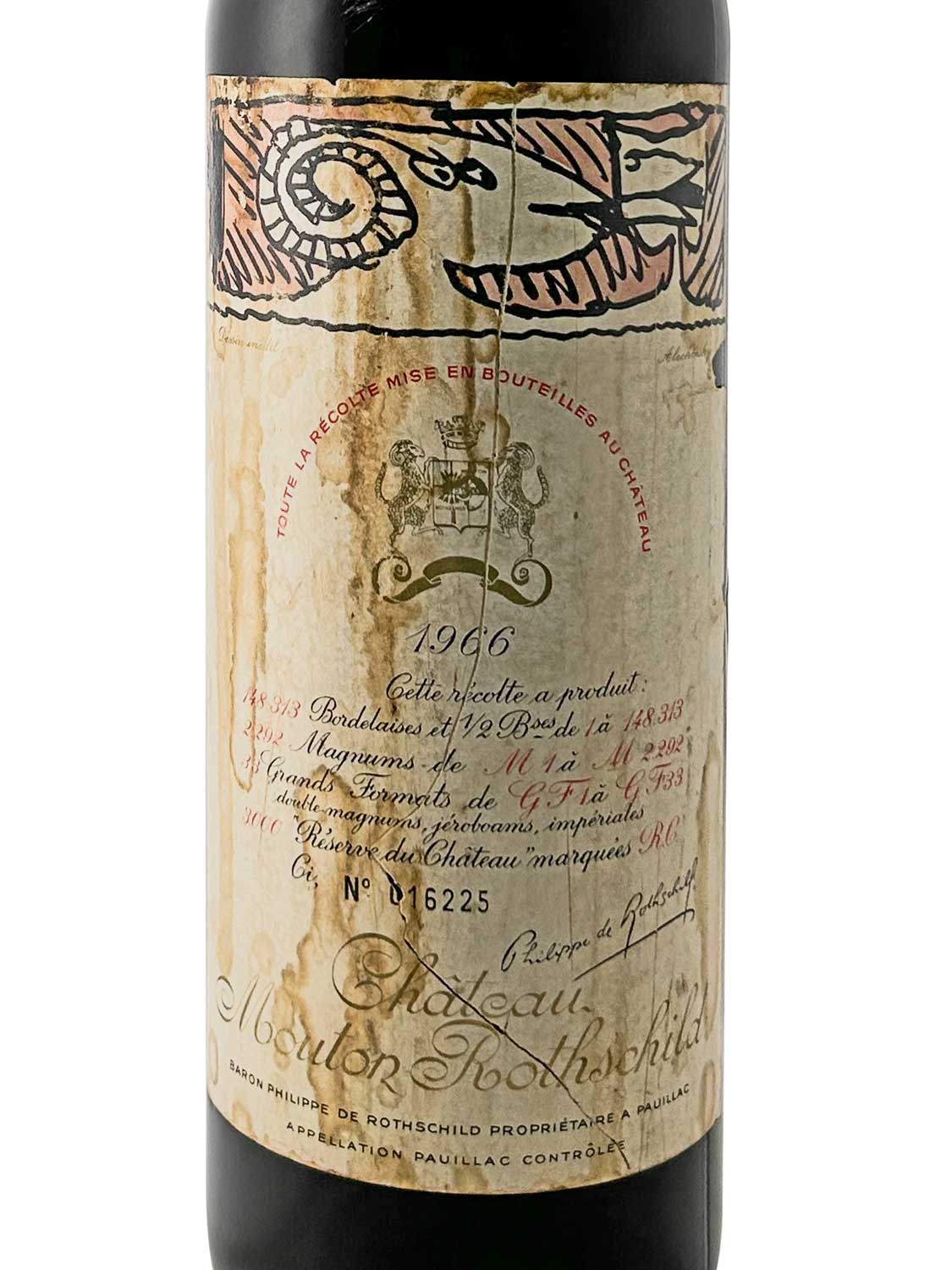 Etikett einer Weinflasche von Chateau Mouton Rothschild 1966