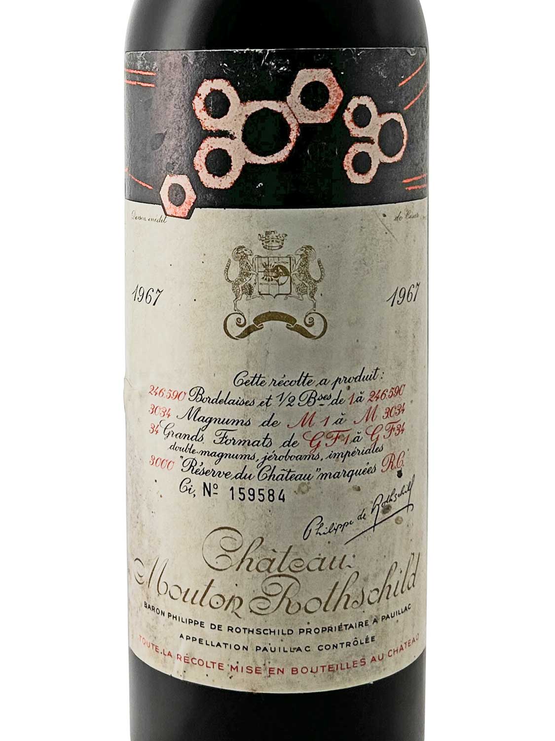 Etikett einer Weinflasche von Chateau Mouton Rothschild 1967