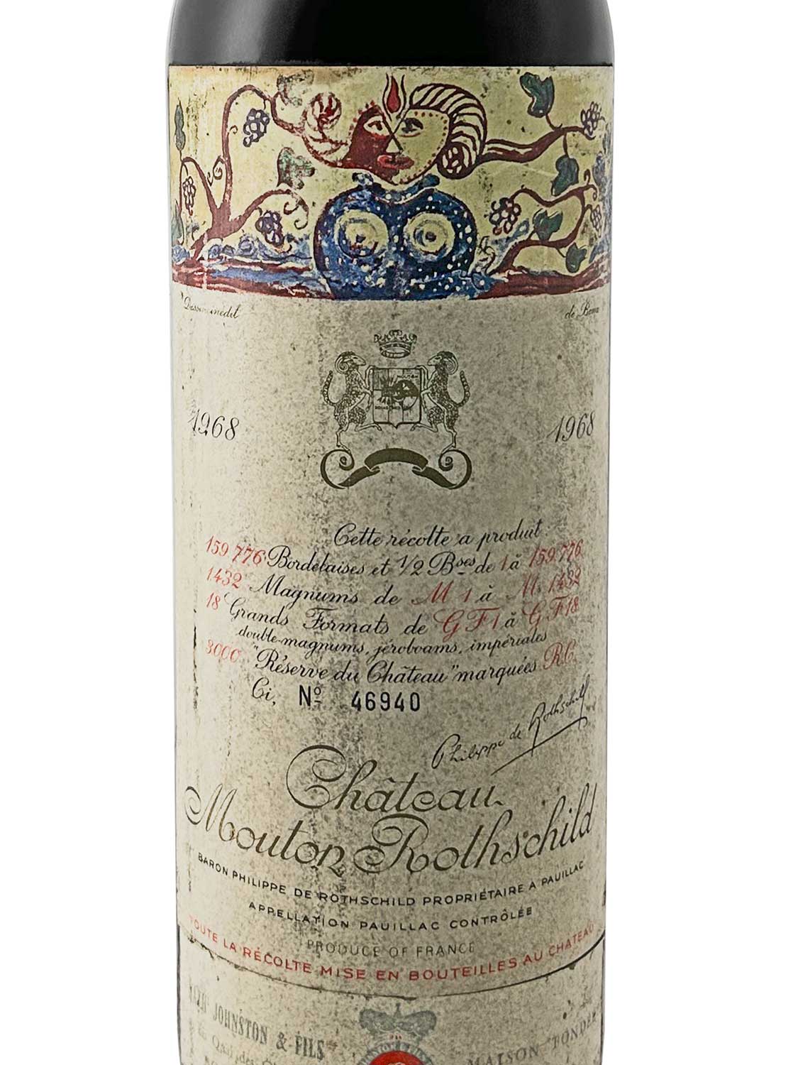 Etikett einer Weinflasche von Chateau Mouton Rothschild 1968