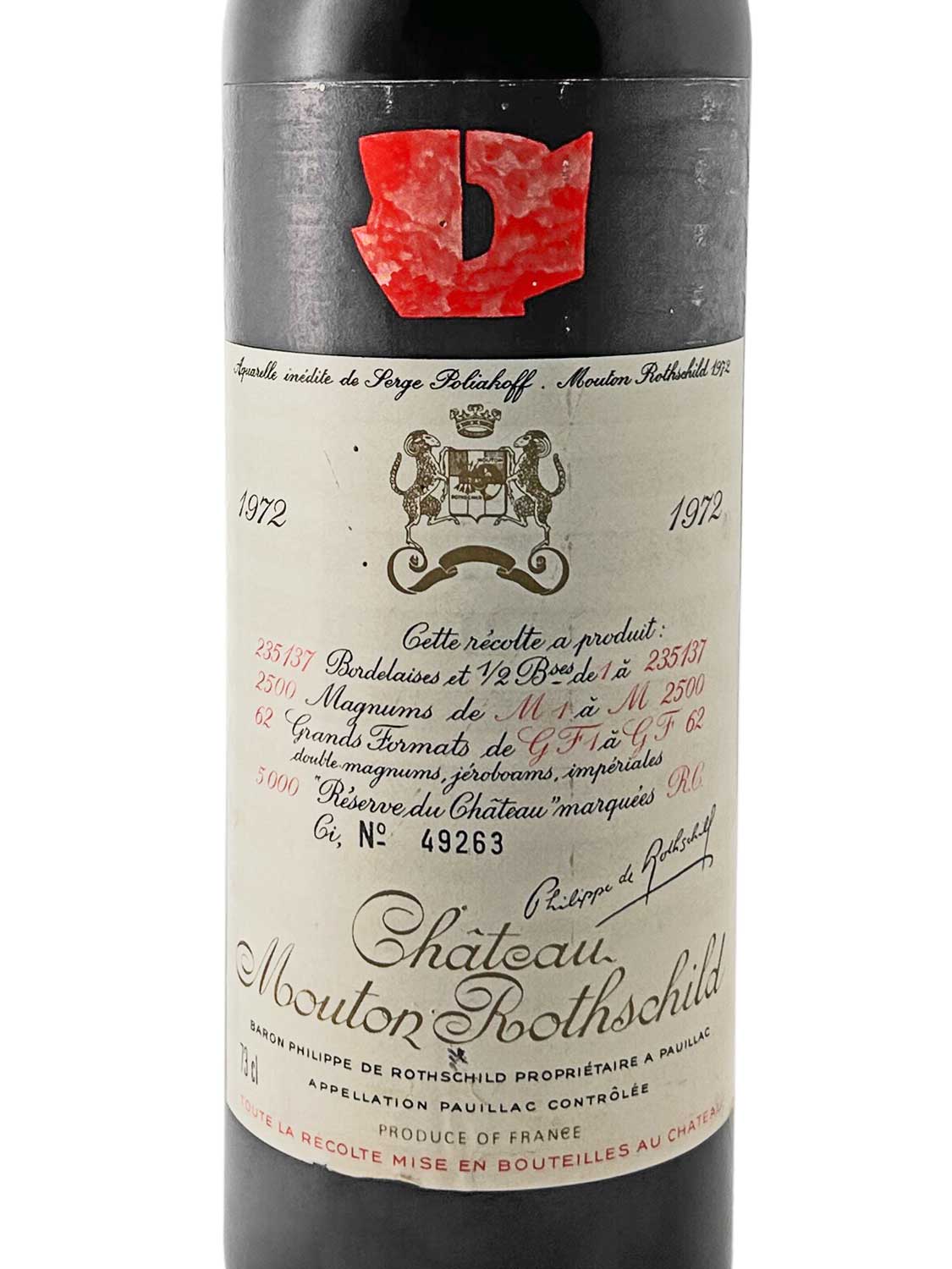 Ein Etikett einer Weinflasche von Chateau Mouton Rothschild 1972