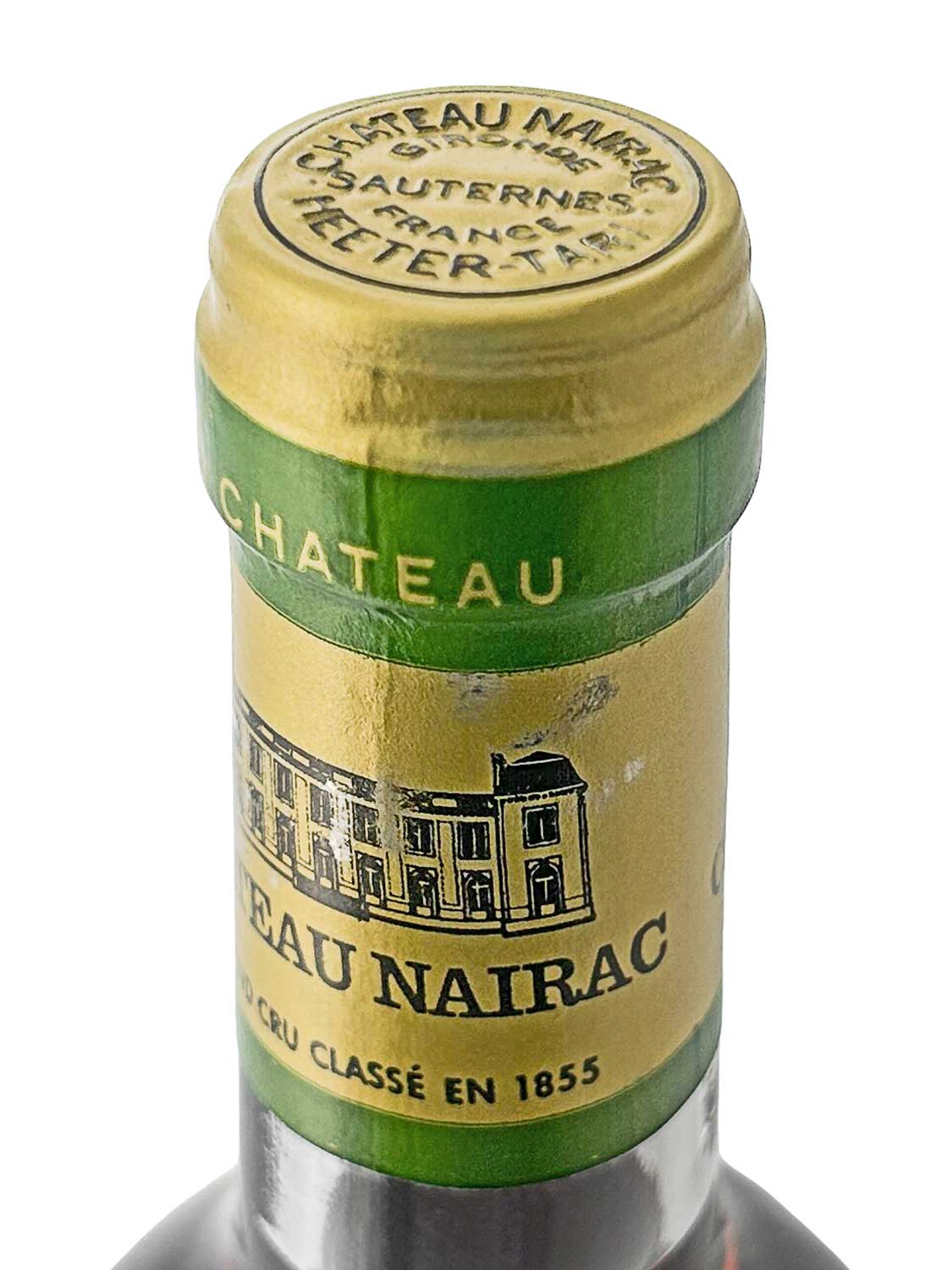 Flasche Château Nairac 1996 mit grün-goldenem Etikett und Abbildung eines Schlosses, Text 'CHATEAU NAIRAC' und 'GRAND CRU CLASSÉ EN 1855'.