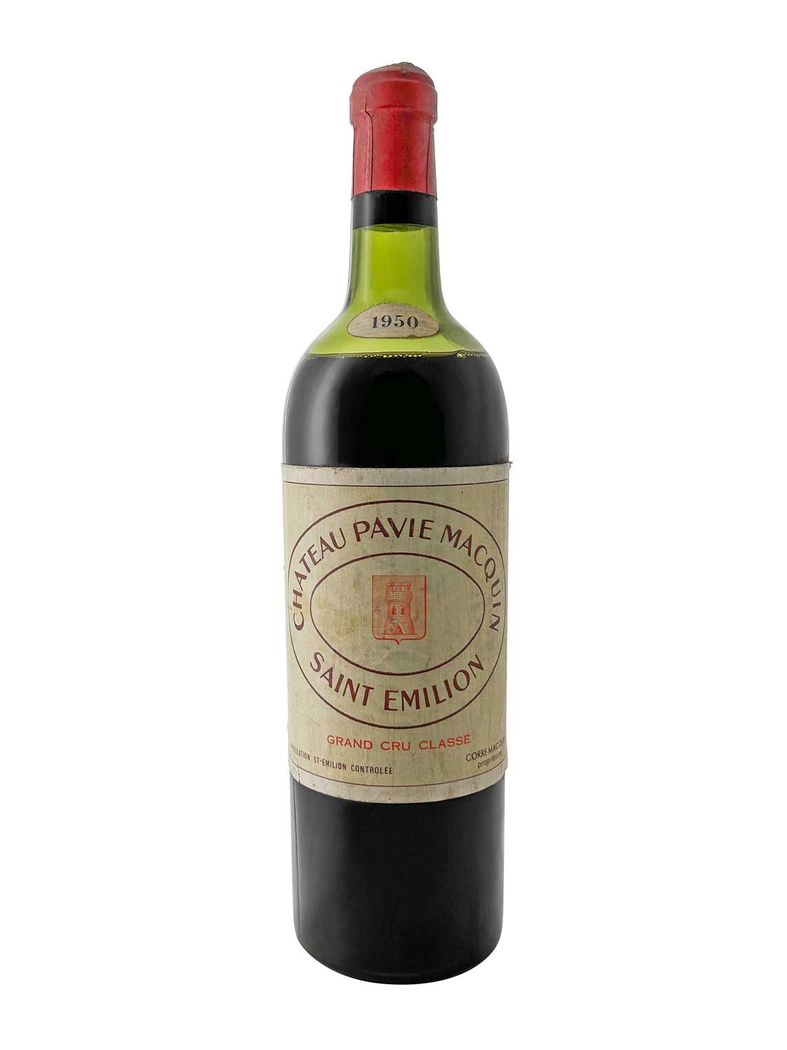 Eine Weinflasche von Chateau Pavie Macquin 1950