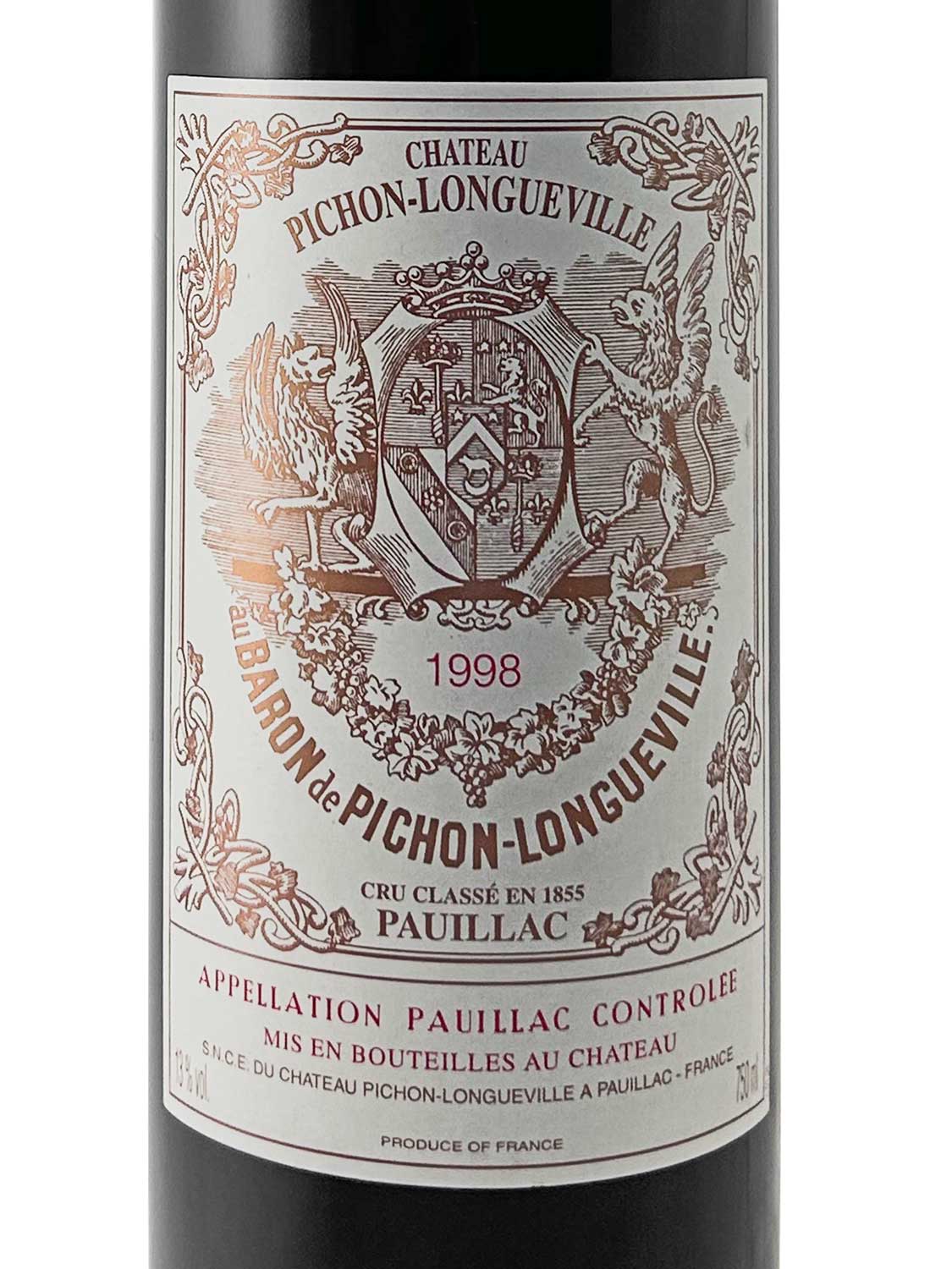 Etikett einer Weinflasche von Chateau Pichon Baron au Baron de Pichon Longueville 1998