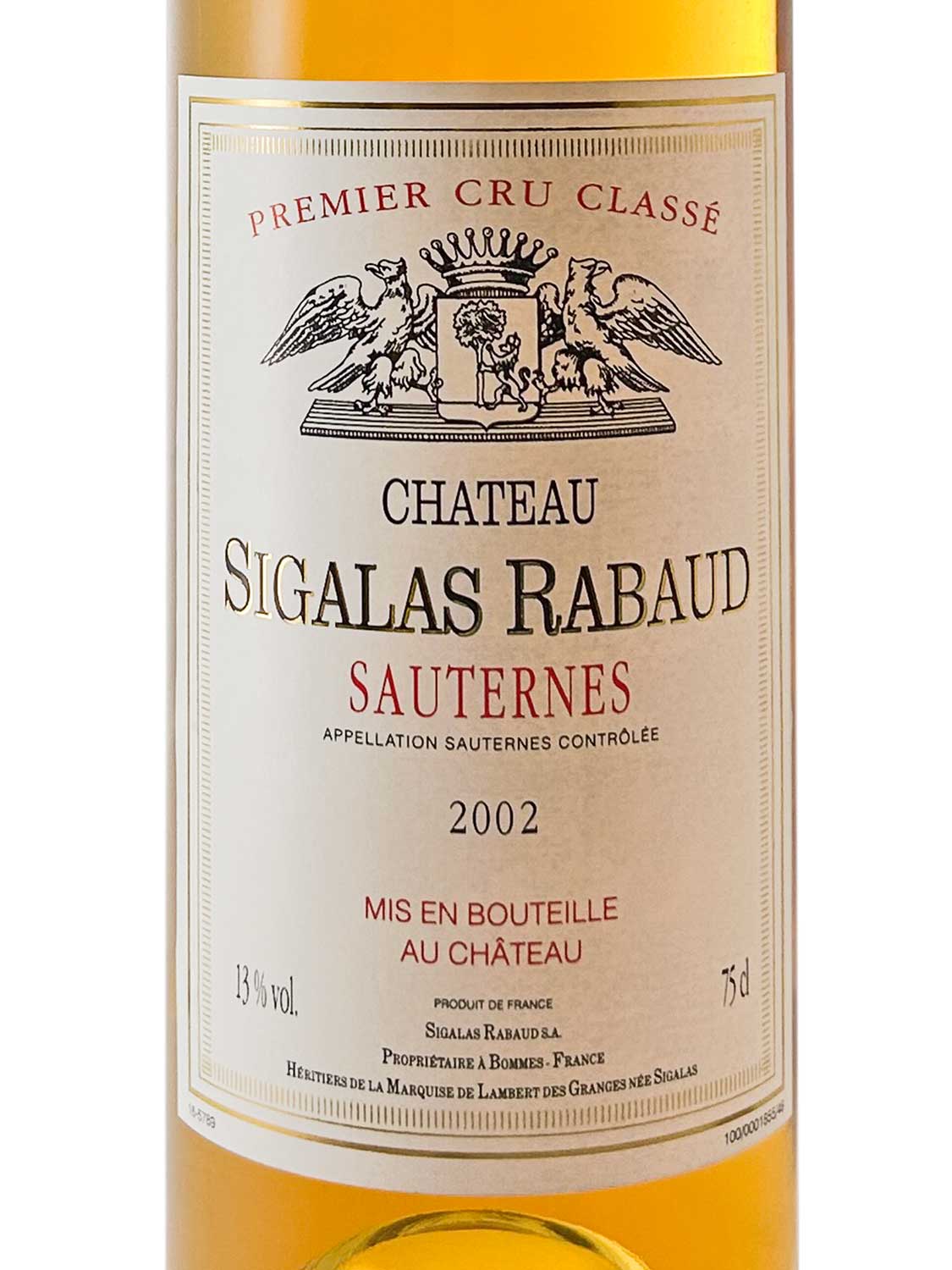 Ein Etikett einer Weinflasche von Chateau Sigalas Rabaud 2002