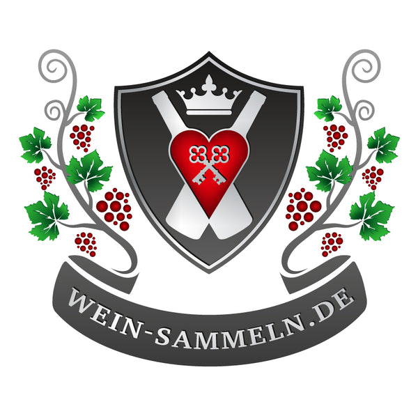Das Logo von dem Onlineshop wein-sammeln.de in Form eines Wappens mit Weinreben